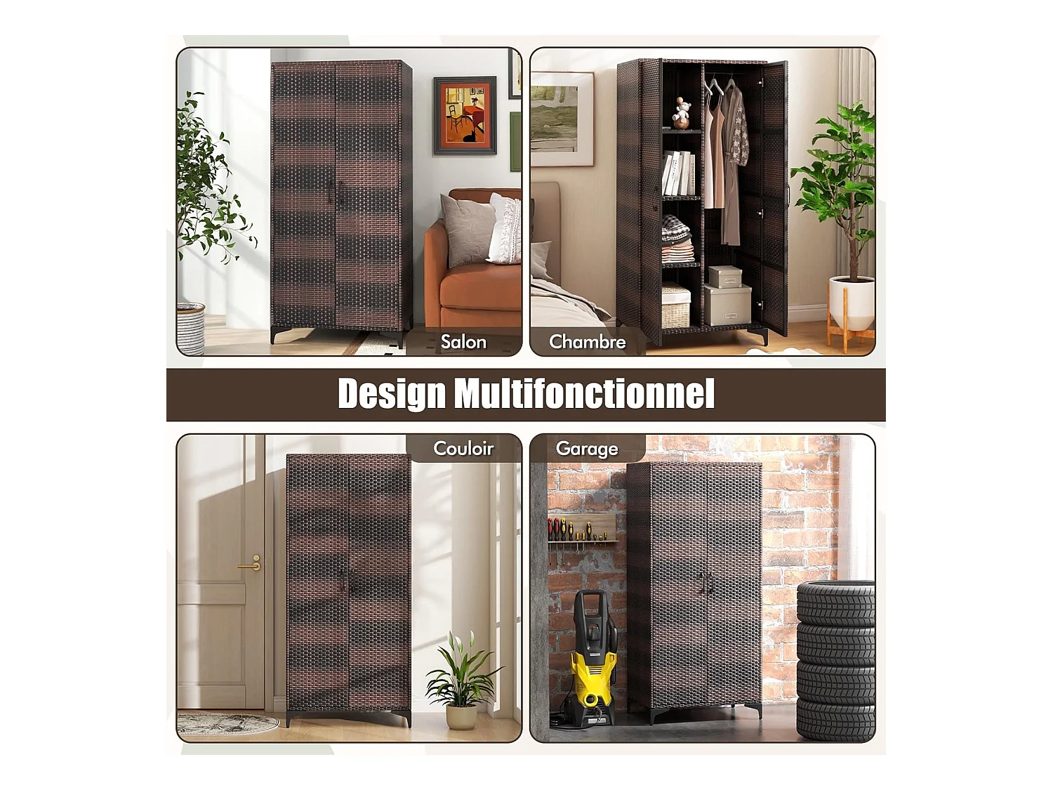 Armoire de Rangement Intérieure en Osier PE, 4 Compartiments, Armoire Tringle Penderie sur Pied en Rotin, Design Cannage Respirant, 72 x 50 x 157 cm (Marron)