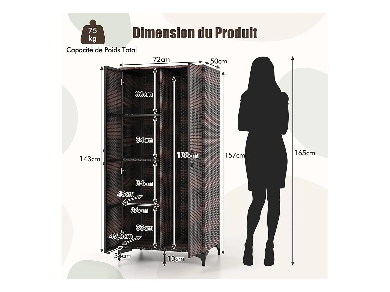 Armoire de Rangement Intérieure en Osier PE, 4 Compartiments, Armoire Tringle Penderie sur Pied en Rotin, Design Cannage Respirant, 72 x 50 x 157 cm (Marron)