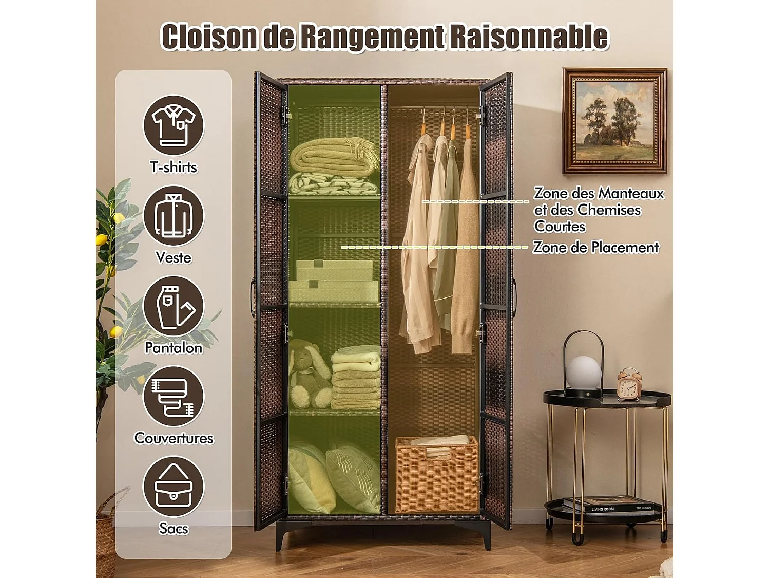 Armoire de Rangement Intérieure en Osier PE, 4 Compartiments, Armoire Tringle Penderie sur Pied en Rotin, Design Cannage Respirant, 72 x 50 x 157 cm (Marron)