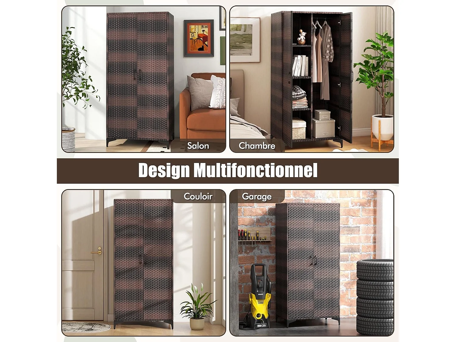 Armoire de Rangement Intérieure en Osier PE, 4 Compartiments, Armoire Tringle Penderie sur Pied en Rotin, Design Cannage Respirant, 72 x 50 x 157 cm (Marron)