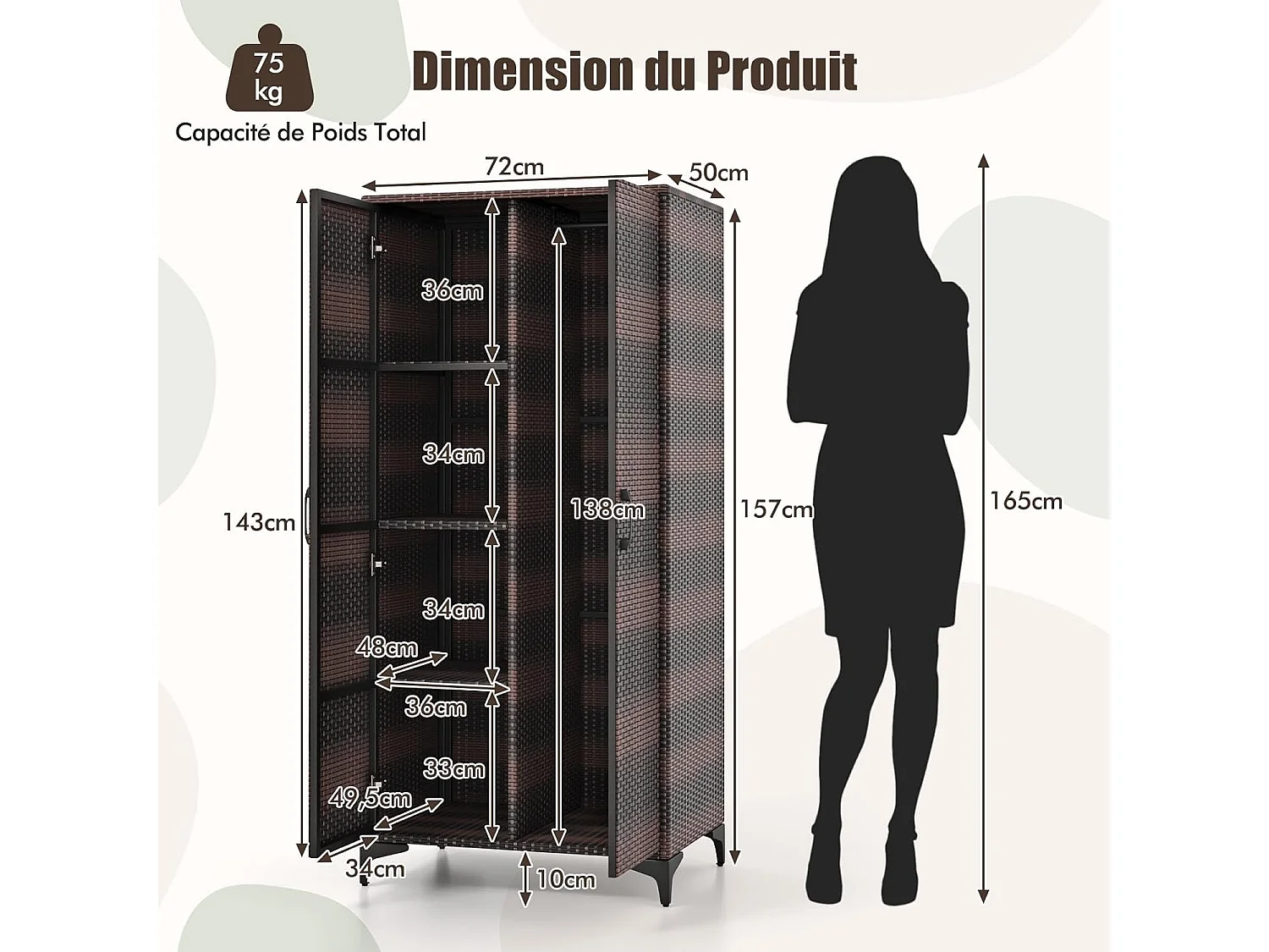 Armoire de Rangement Intérieure en Osier PE, 4 Compartiments, Armoire Tringle Penderie sur Pied en Rotin, Design Cannage Respirant, 72 x 50 x 157 cm (Marron)