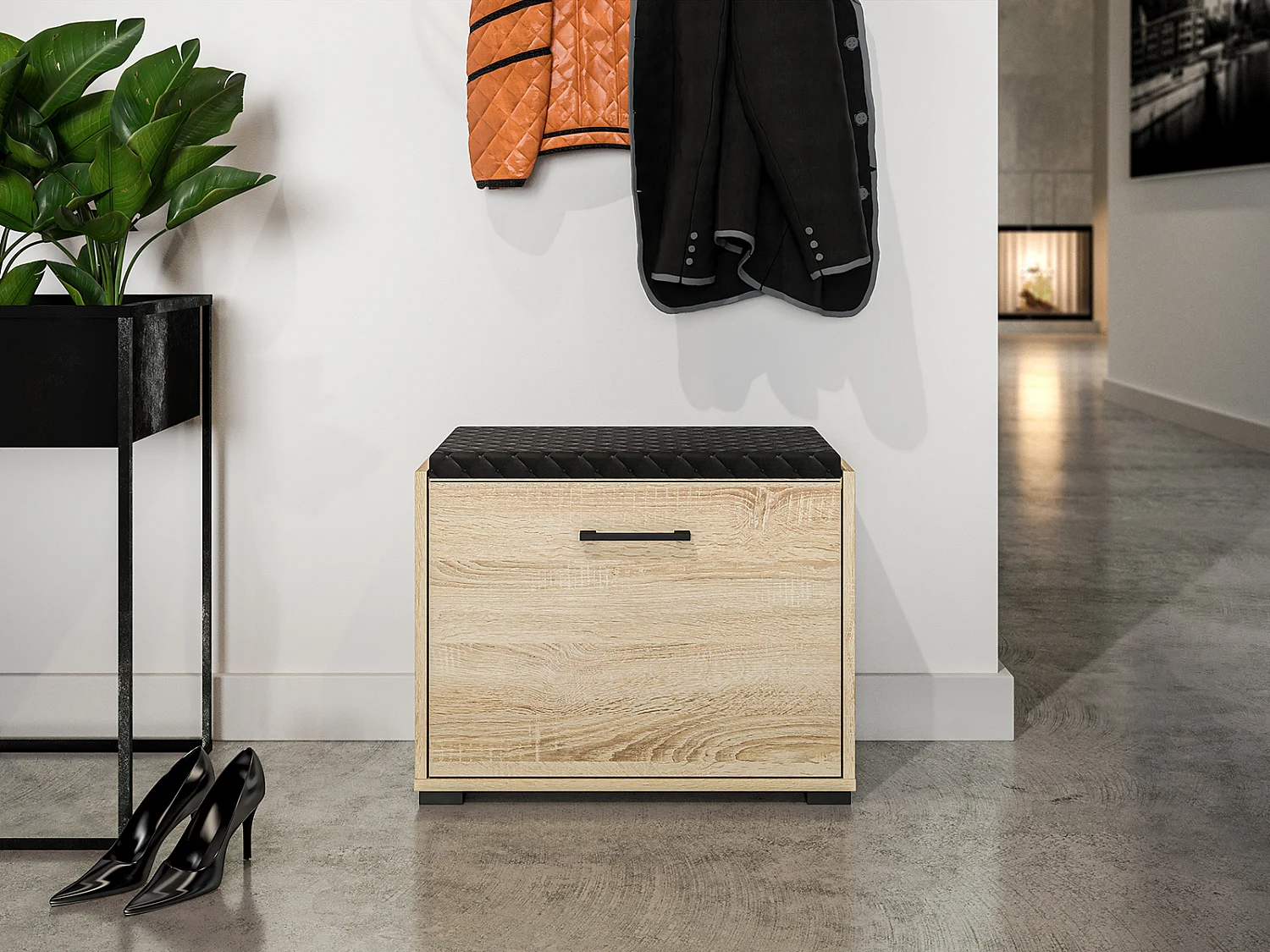 SCHUHBANK Caro Sonoma Eiche hell / schwarz 60 / 34 / 48cm