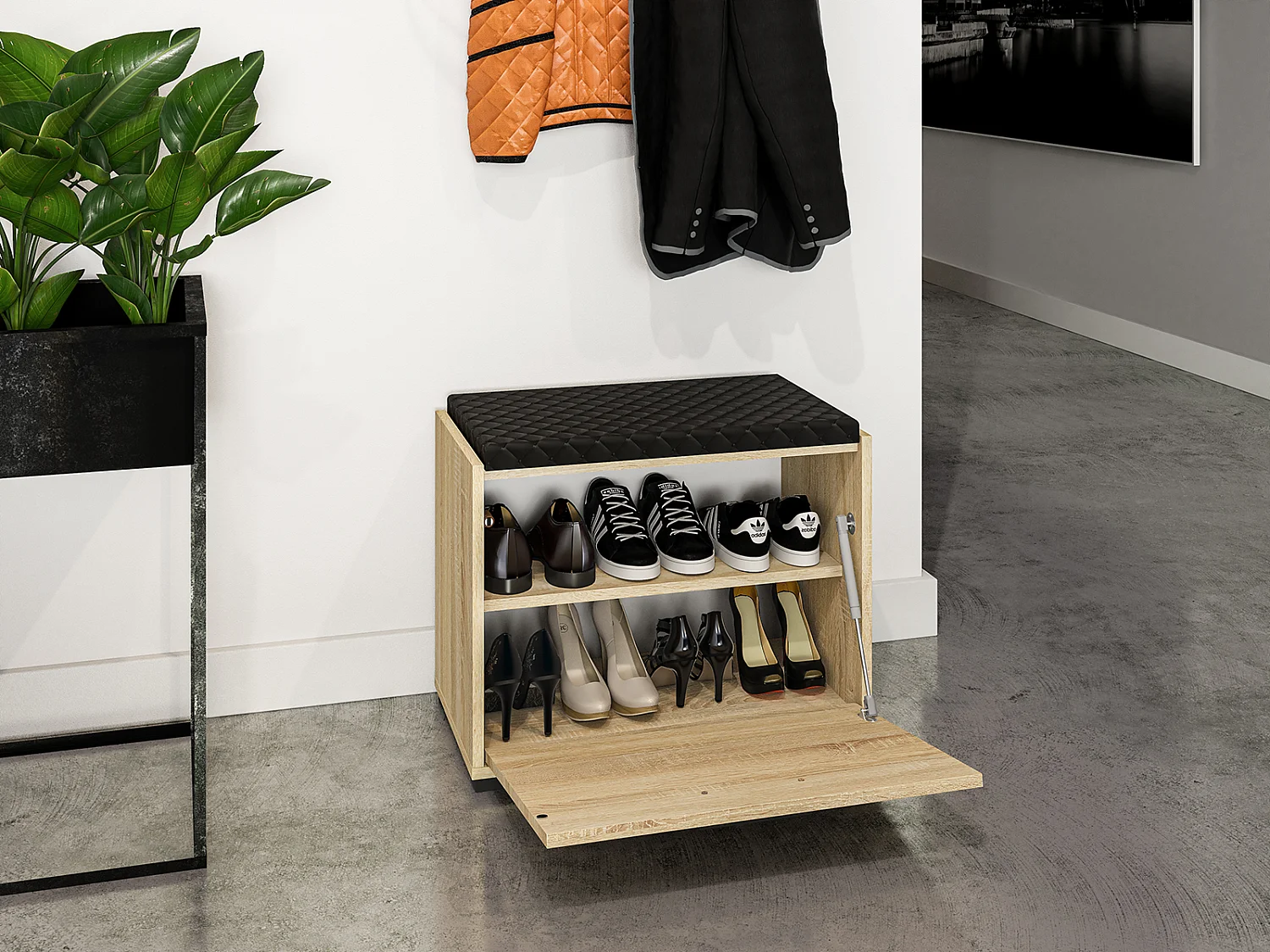 SCHUHBANK Caro Sonoma Eiche hell / schwarz 60 / 34 / 48cm