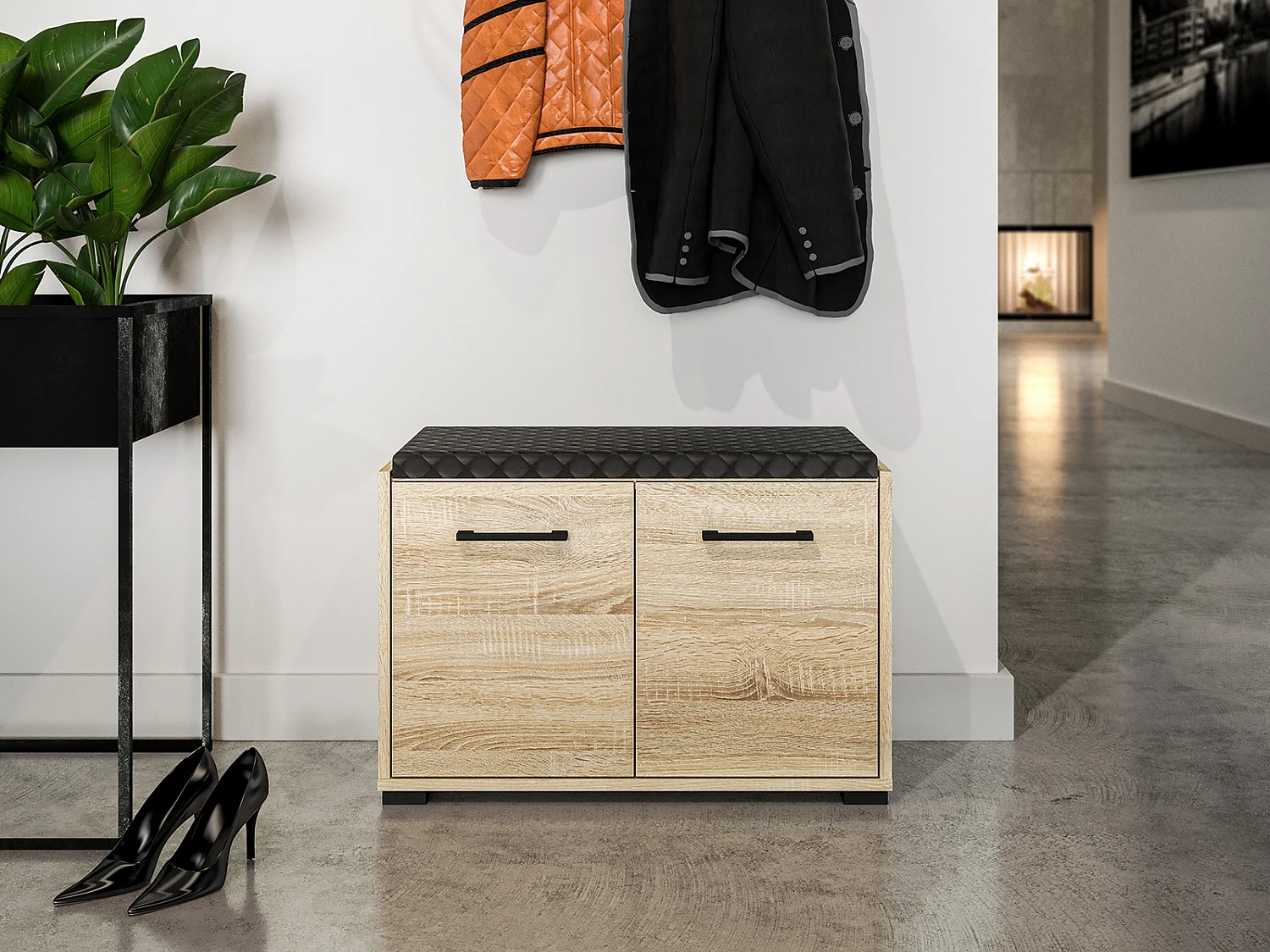 SCHUHBANK Caro Sonoma Eiche hell / schwarz 70 / 34 / 48cm