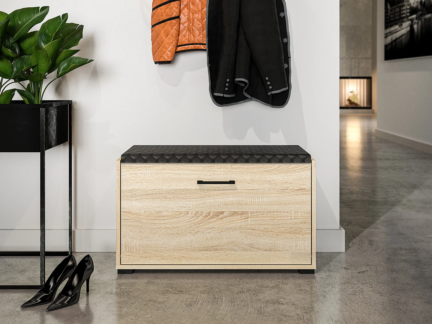 SCHUHBANK Caro Sonoma Eiche hell / schwarz 80 / 34 / 48cm