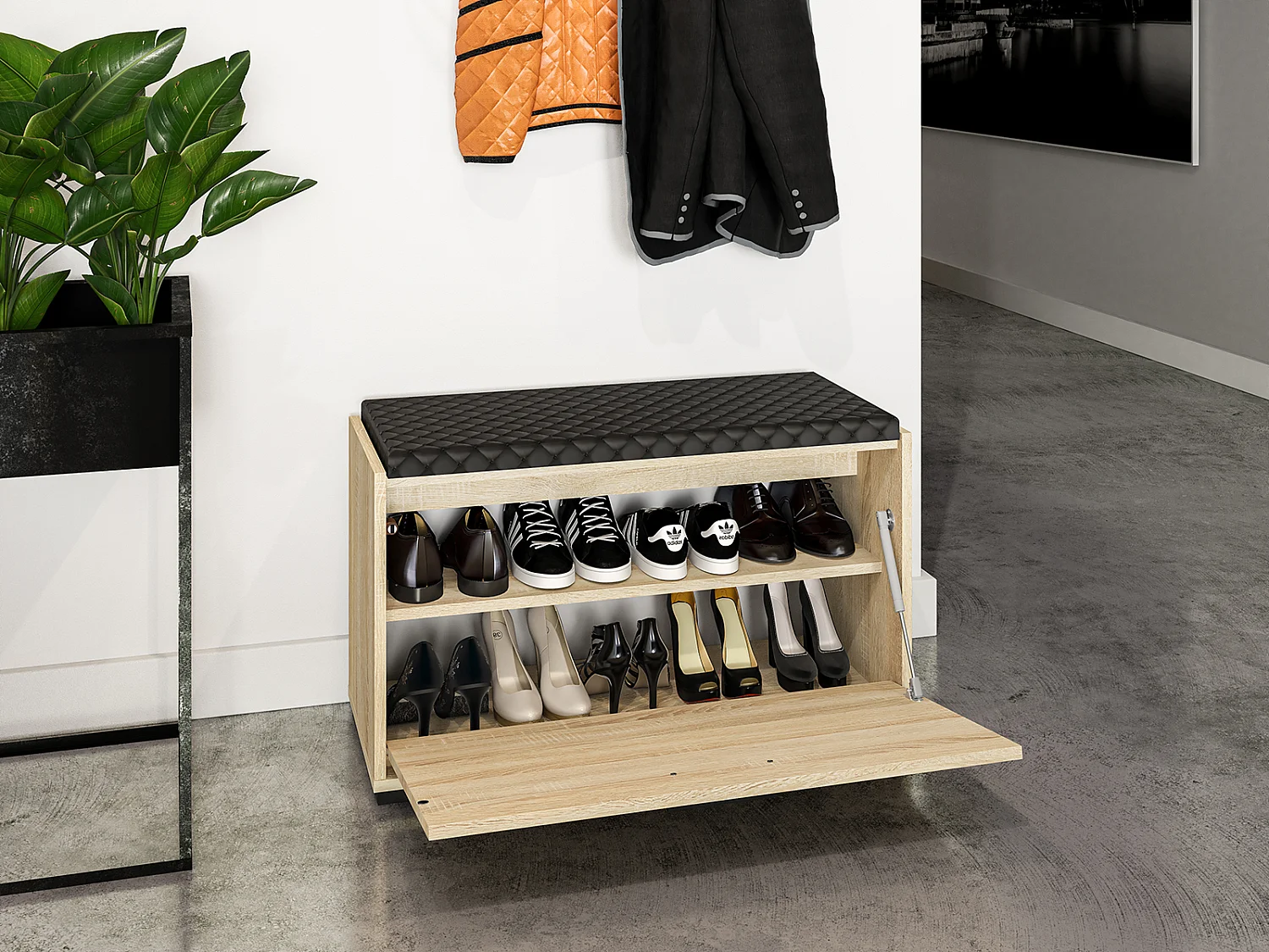 SCHUHBANK Caro Sonoma Eiche hell / schwarz 80 / 34 / 48cm