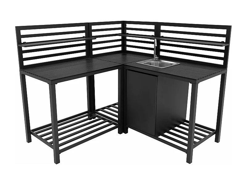 3-delige Buitenkeuken Set met Spoelbak, Modulaire Hoekelement, Aluminium, Grijs