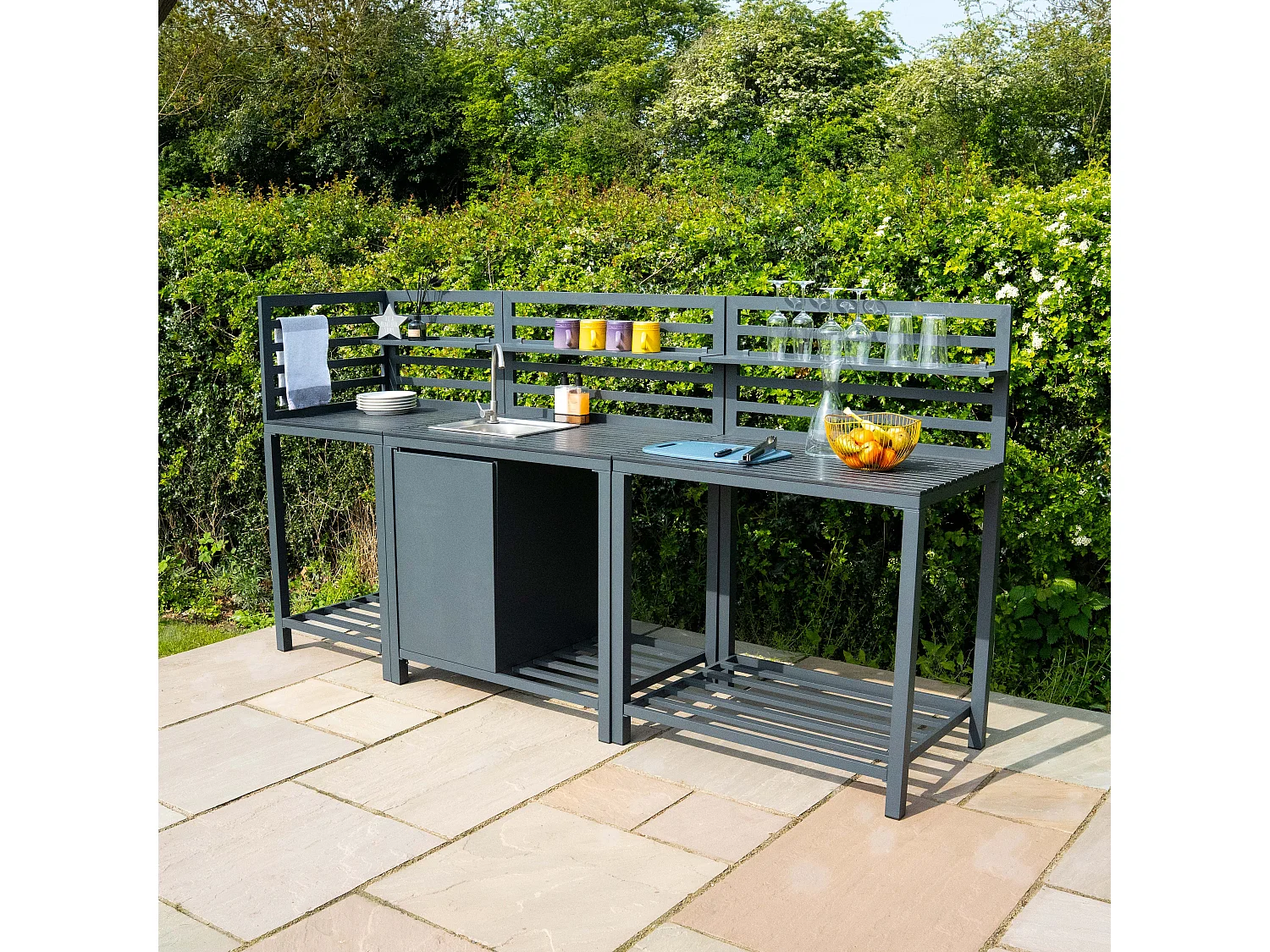 3-delige Buitenkeuken Set met Spoelbak, Modulaire Hoekelement, Aluminium, Grijs