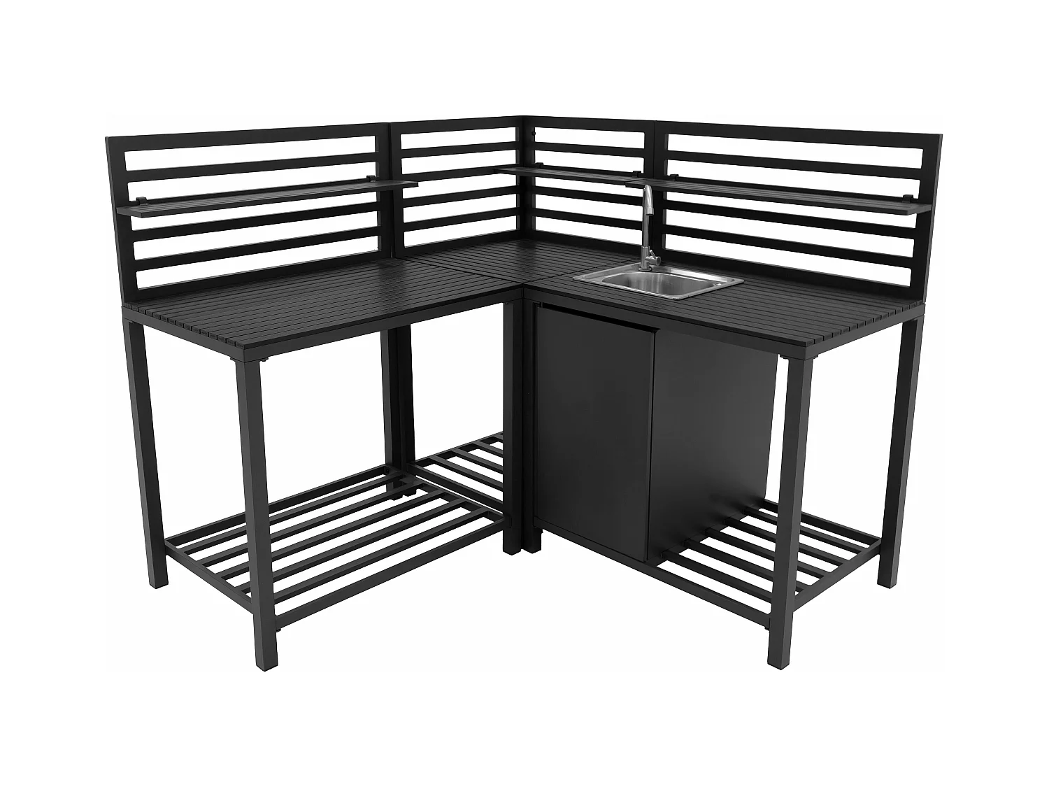 3-teiliges Outdoor-Küchenset mit modularer Konfiguration, Eckspüle & Tischmodul, Aluminium in Anthrazitgrau