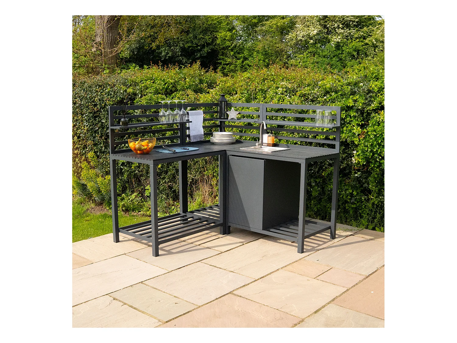 3-teiliges Outdoor-Küchenset mit modularer Konfiguration, Eckspüle & Tischmodul, Aluminium in Anthrazitgrau