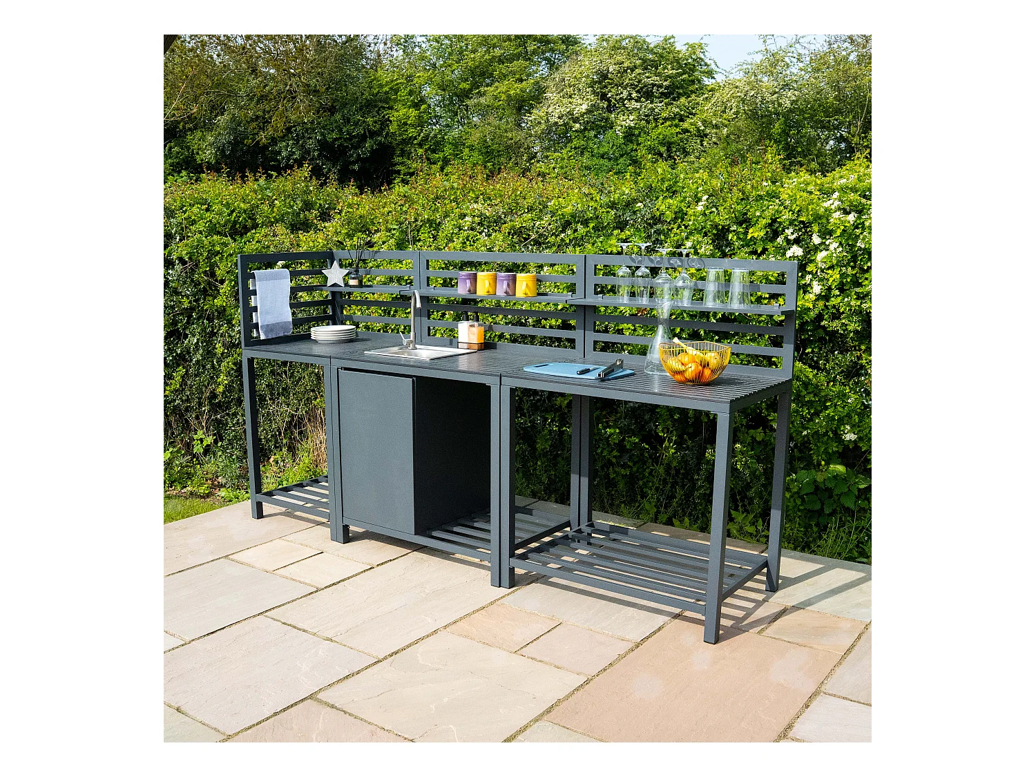 3-teiliges Outdoor-Küchenset mit modularer Konfiguration, Eckspüle & Tischmodul, Aluminium in Anthrazitgrau