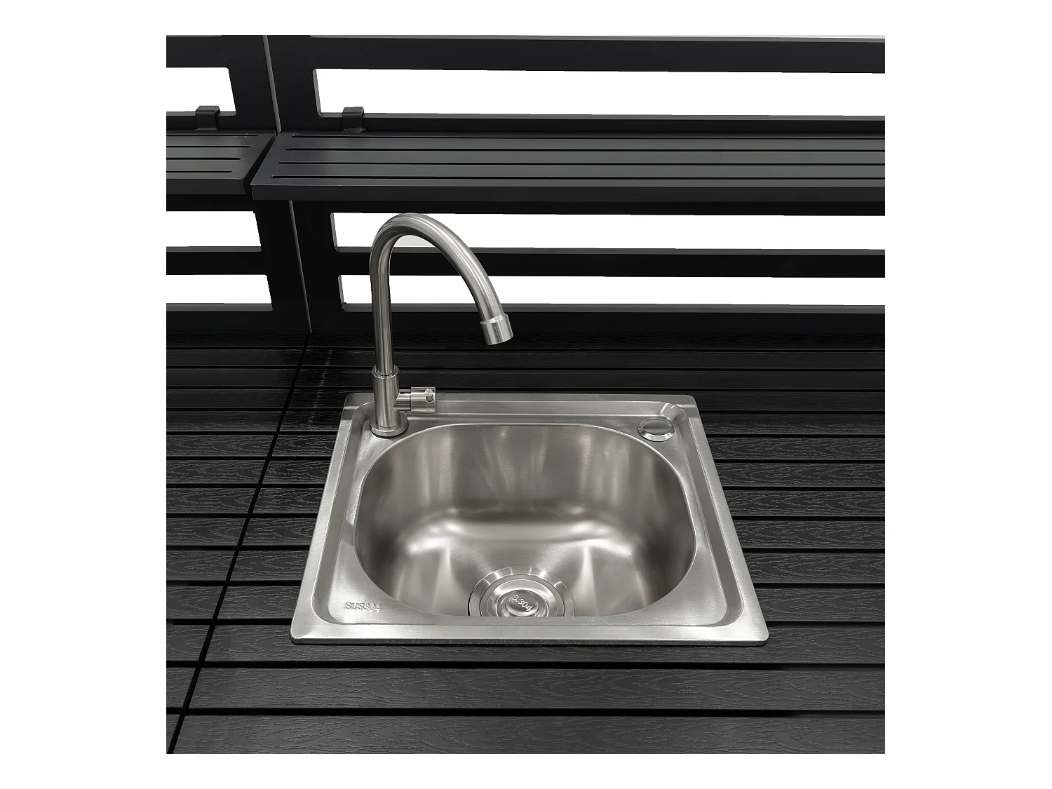 3-teiliges Outdoor-Küchenset mit modularer Konfiguration, Eckspüle & Tischmodul, Aluminium in Anthrazitgrau