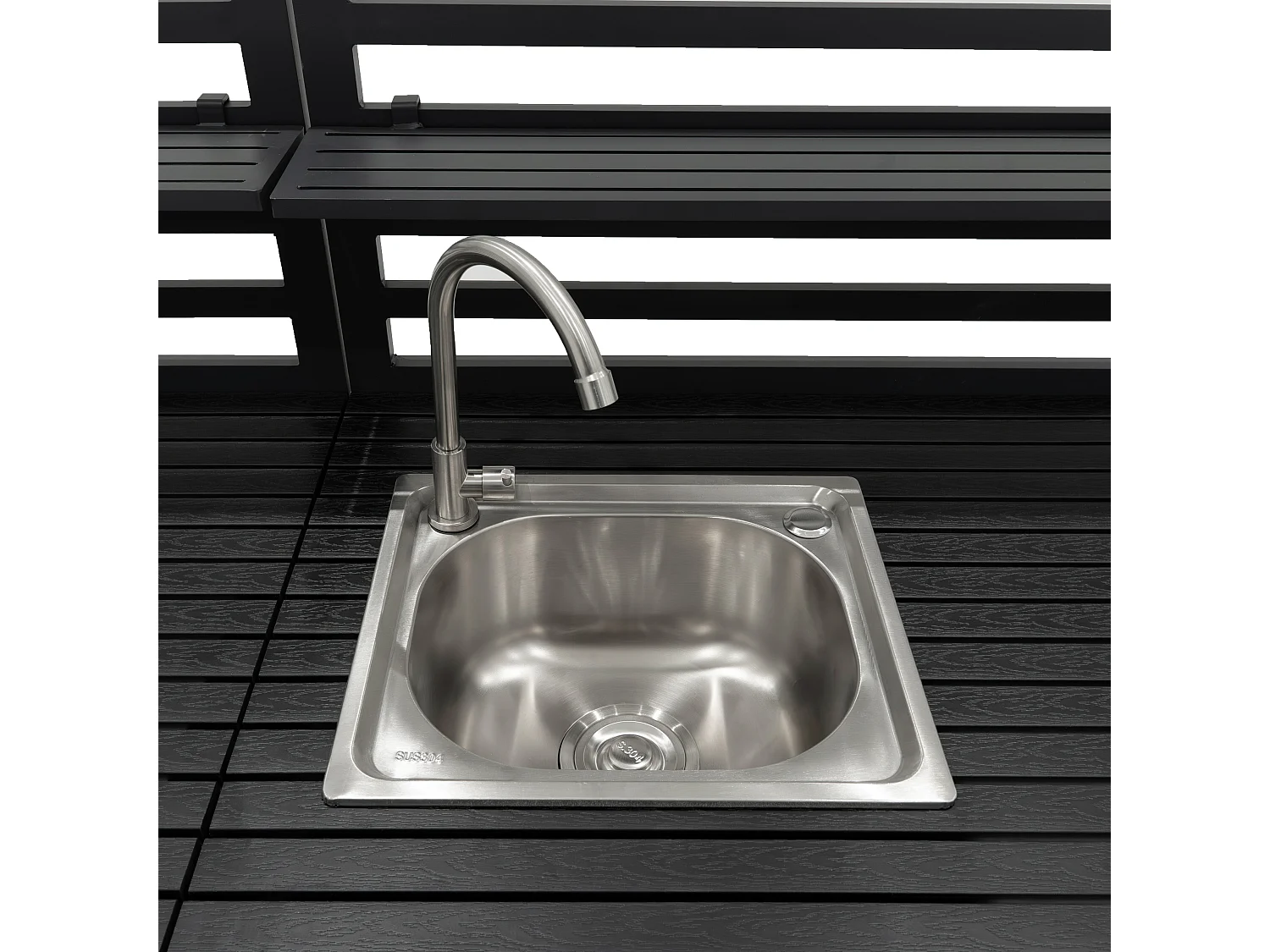 3-teiliges Outdoor-Küchenset mit modularer Konfiguration, Eckspüle & Tischmodul, Aluminium in Anthrazitgrau