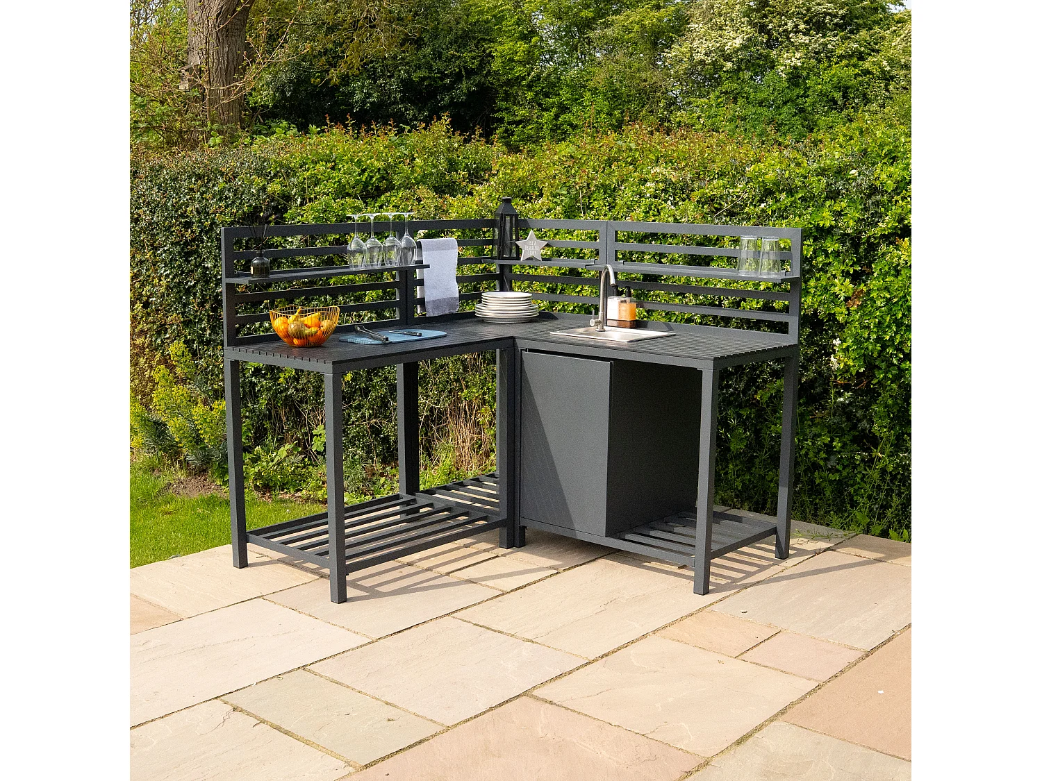 3-teiliges Outdoor-Küchenset mit modularer Konfiguration, Eckspüle & Tischmodul, Aluminium in Anthrazitgrau