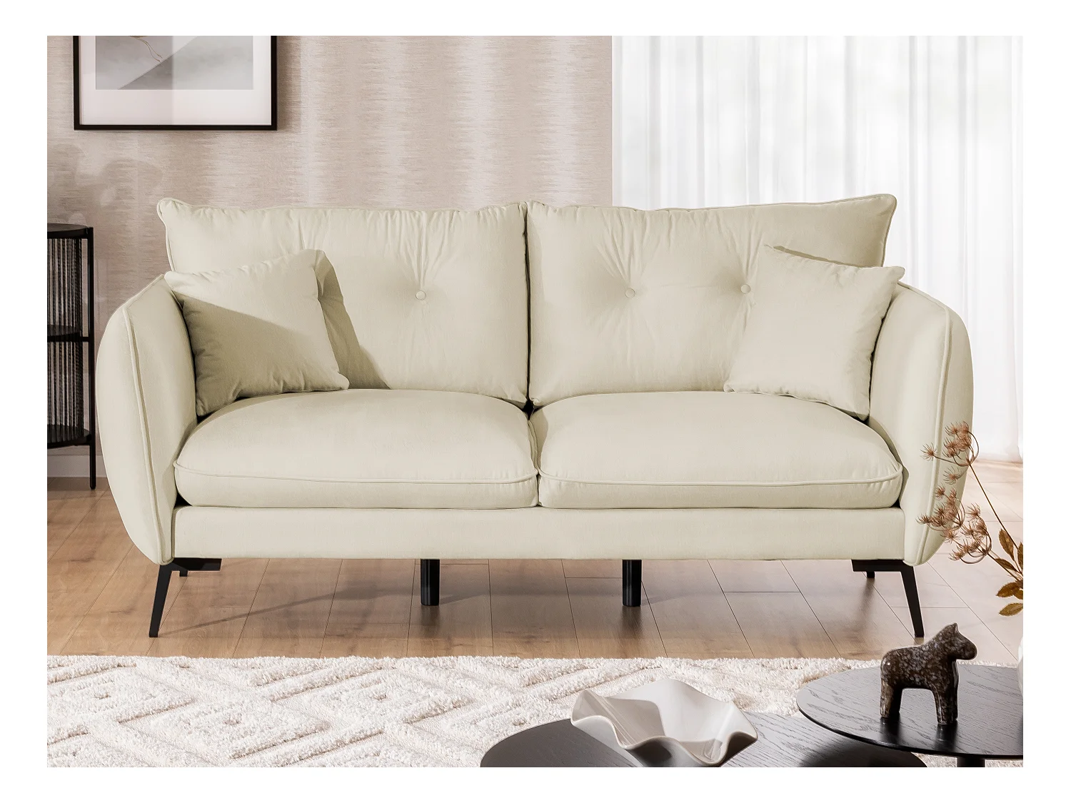 Nordloft - Modernes Polstergarnitur 3+1 aus Beige Samt-Stoff mit Hohen Schwarzen Metallfüßen und schöner Sitzkomfort