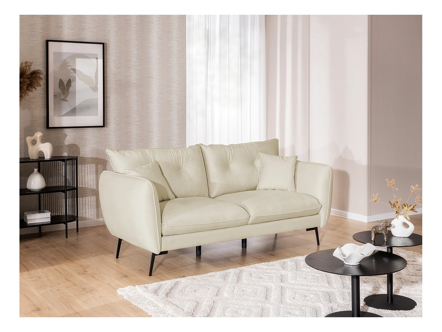 Nordloft - Modernes Polstergarnitur 3+1 aus Beige Samt-Stoff mit Hohen Schwarzen Metallfüßen und schöner Sitzkomfort