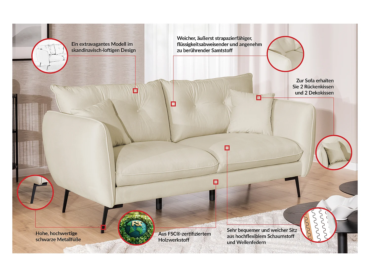 Nordloft - Modernes Polstergarnitur 3+1 aus Beige Samt-Stoff mit Hohen Schwarzen Metallfüßen und schöner Sitzkomfort