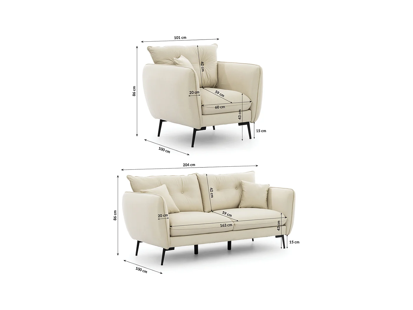 Nordloft - Modernes Polstergarnitur 3+1 aus Beige Samt-Stoff mit Hohen Schwarzen Metallfüßen und schöner Sitzkomfort