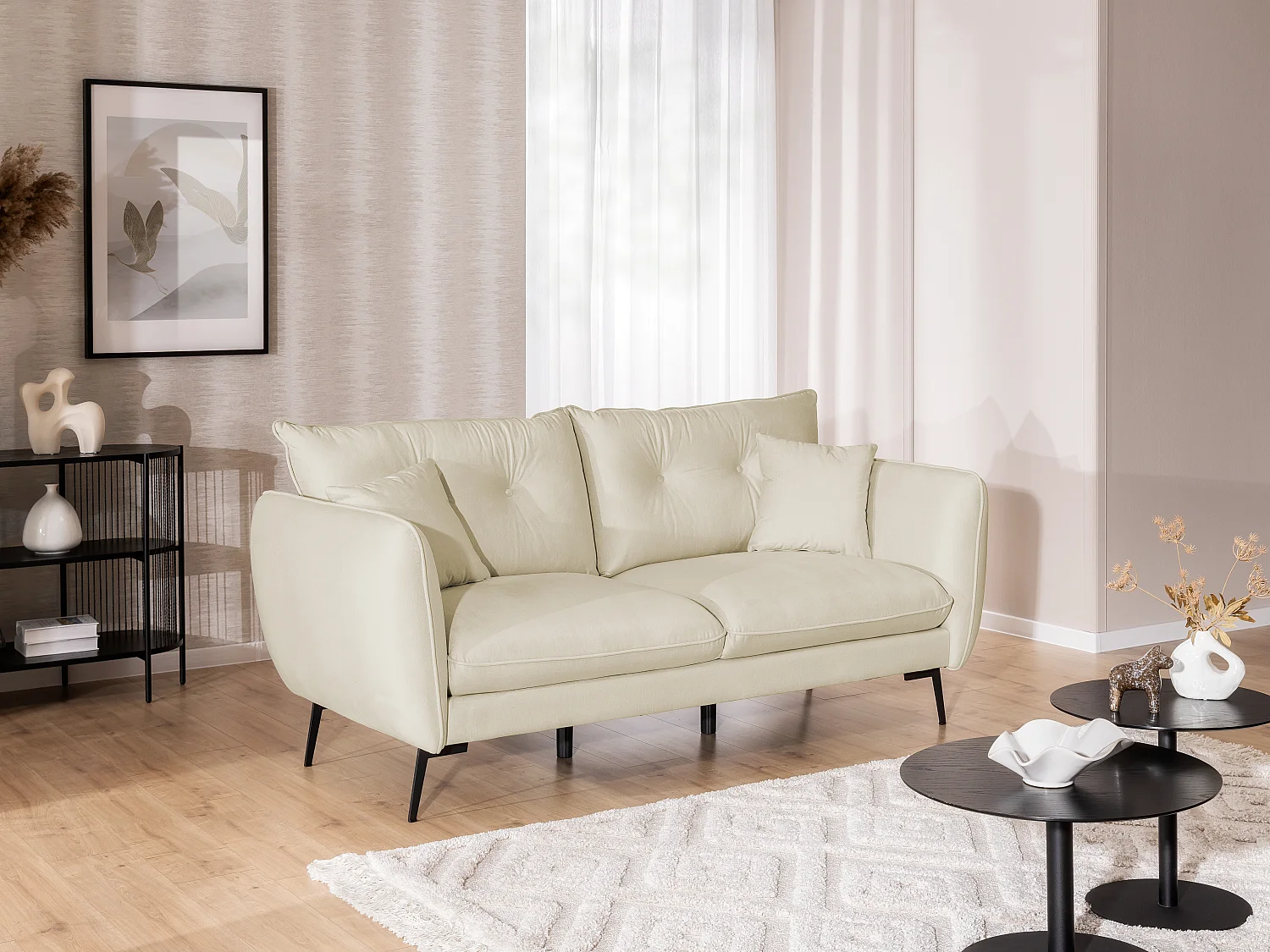 Nordloft - Modernes Polstergarnitur 3+1 aus Beige Samt-Stoff mit Hohen Schwarzen Metallfüßen und schöner Sitzkomfort