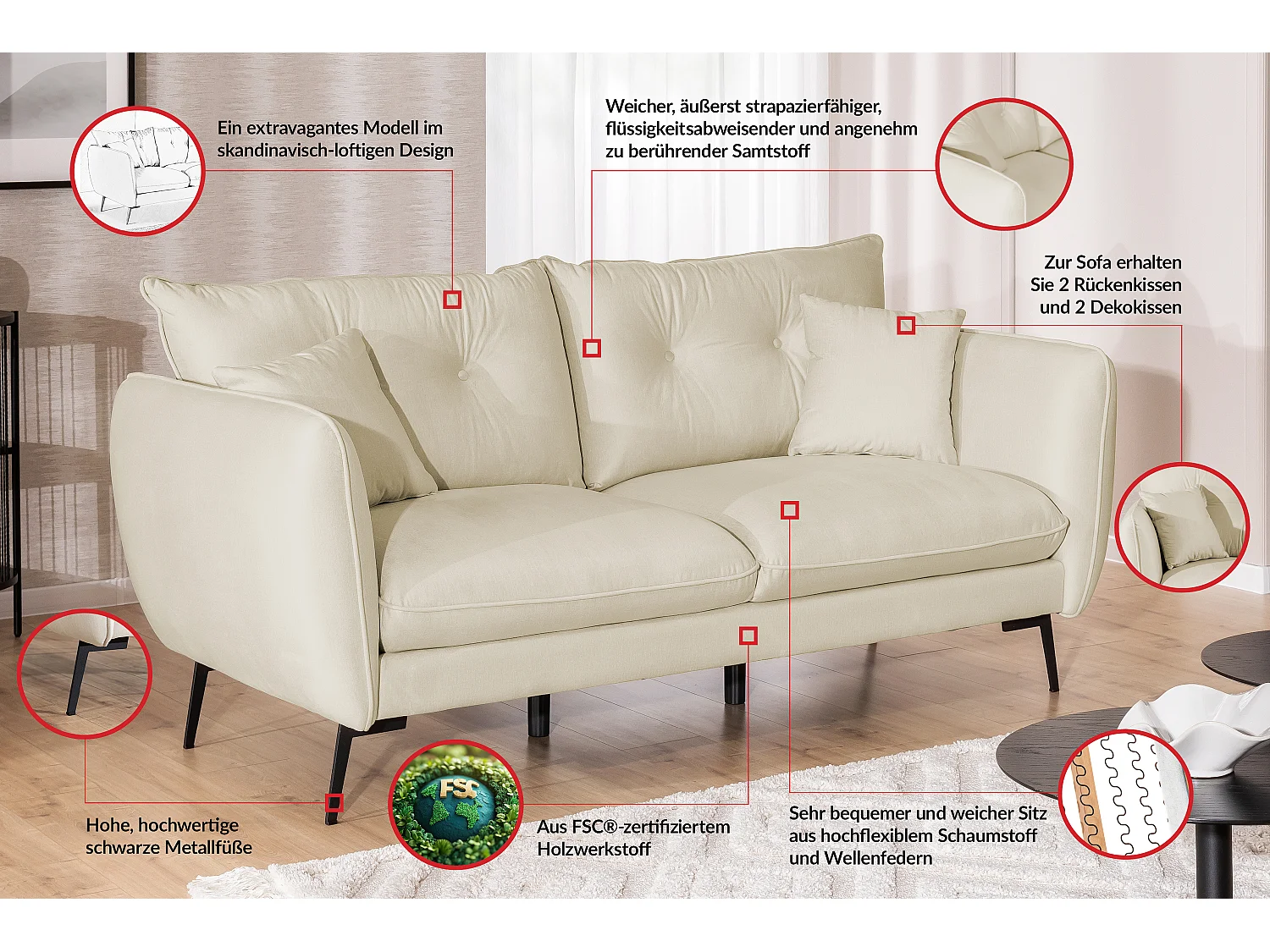 Nordloft - Modernes Polstergarnitur 3+1 aus Beige Samt-Stoff mit Hohen Schwarzen Metallfüßen und schöner Sitzkomfort