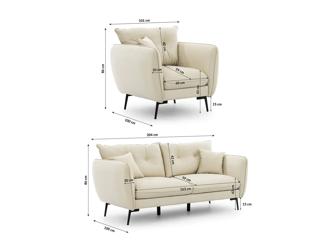 Nordloft - Modernes Polstergarnitur 3+1 aus Beige Samt-Stoff mit Hohen Schwarzen Metallfüßen und schöner Sitzkomfort