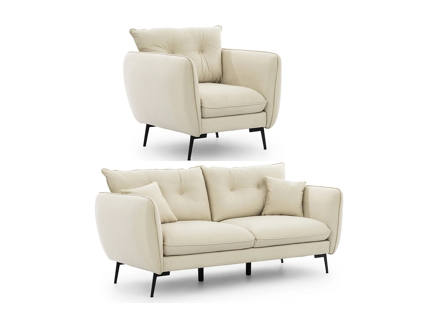 Nordloft - Modernes Polstergarnitur 3+1 aus Beige Samt-Stoff mit Hohen Schwarzen Metallfüßen und schöner Sitzkomfort