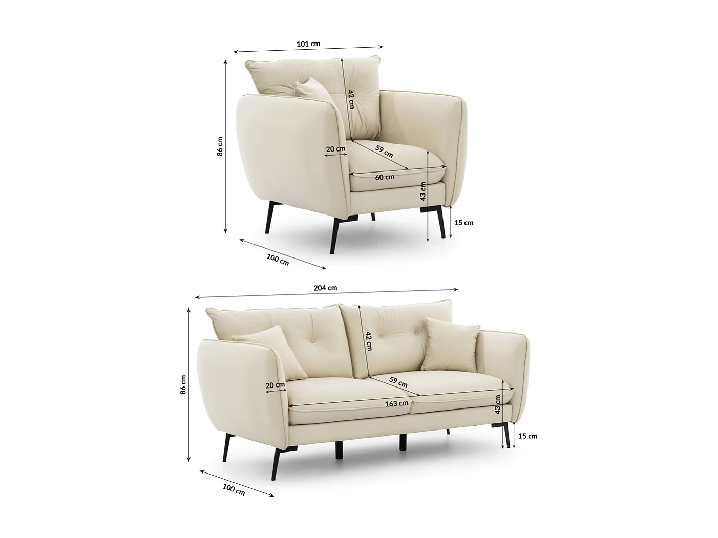 Nordloft - Modernes Polstergarnitur 3+1 aus Beige Samt-Stoff mit Hohen Schwarzen Metallfüßen und schöner Sitzkomfort