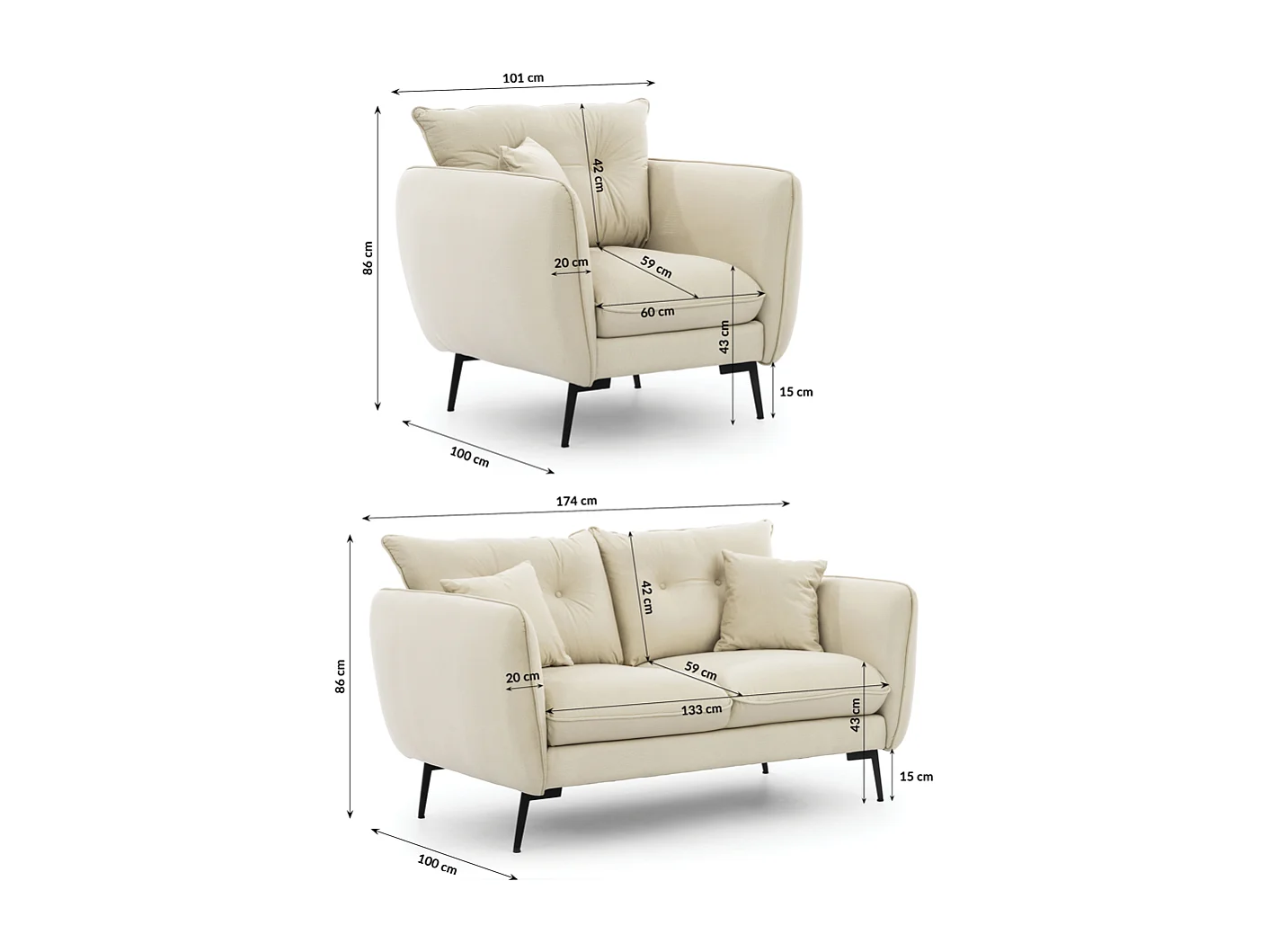 Ensemble de canapés 2+1 en tissu avec de hauts pieds en métal noir Nordloft