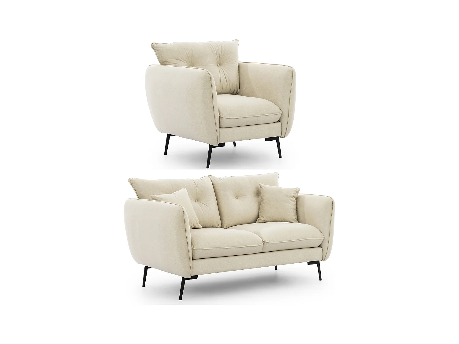 Nordloft - Modernes Polstergarnitur 2+1 aus Beige Samt-Stoff mit Hohen Schwarzen Metallfüßen und schöner Sitzkomfort