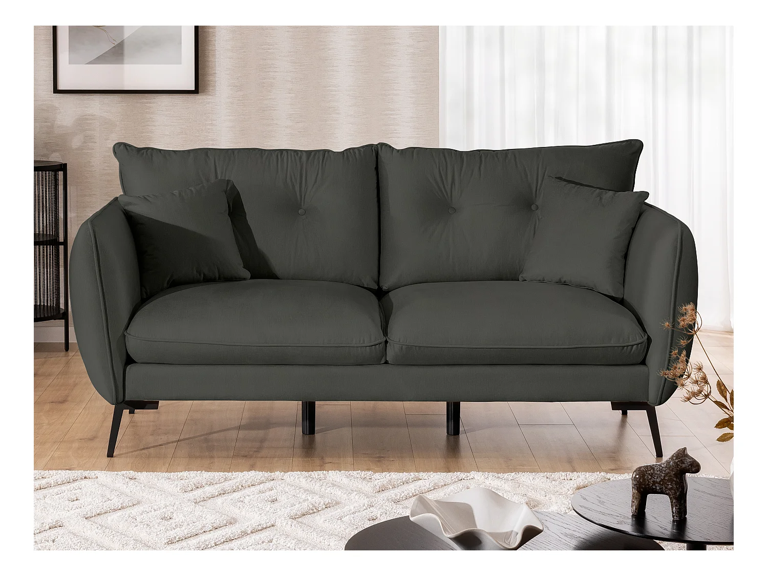 Nordloft - Modernes Polstergarnitur 3+1 aus Dunkelgrau Samt-Stoff mit Hohen Schwarzen Metallfüßen und schöner Sitzkomfort