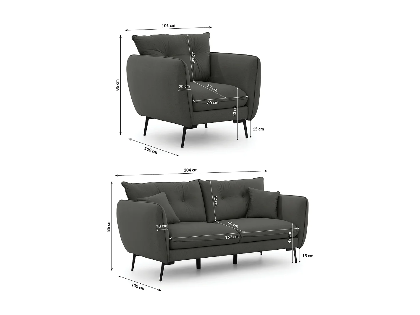 Nordloft - Modernes Polstergarnitur 3+1 aus Dunkelgrau Samt-Stoff mit Hohen Schwarzen Metallfüßen und schöner Sitzkomfort