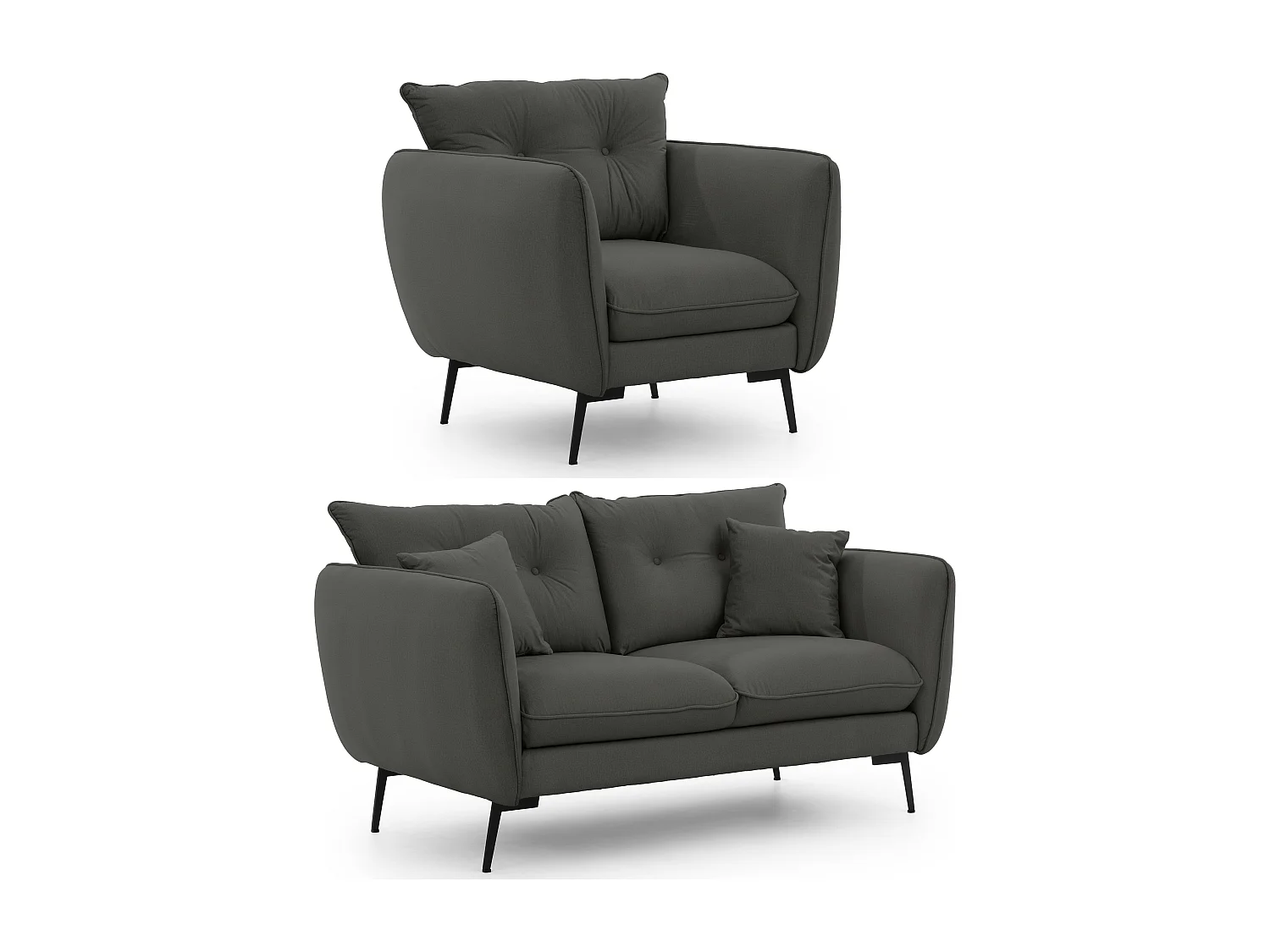 Ensemble de canapés 2+1 en tissu avec de hauts pieds en métal noir Nordloft