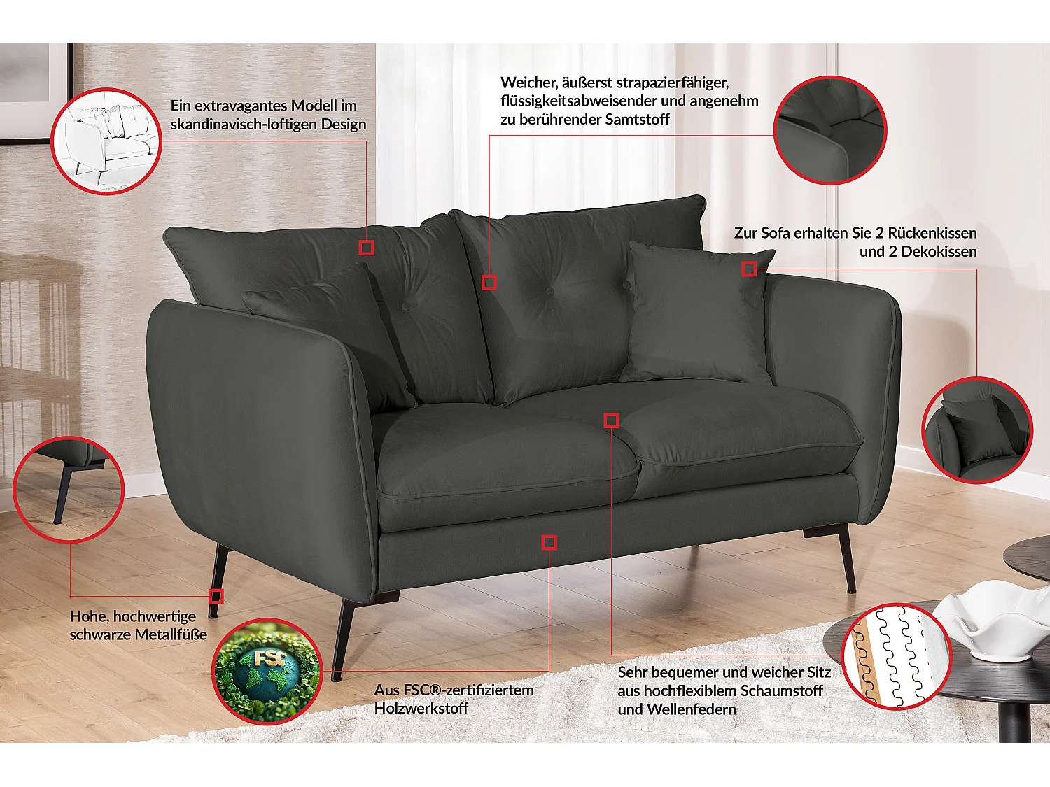 Ensemble de canapés 2+1 en tissu avec de hauts pieds en métal noir Nordloft