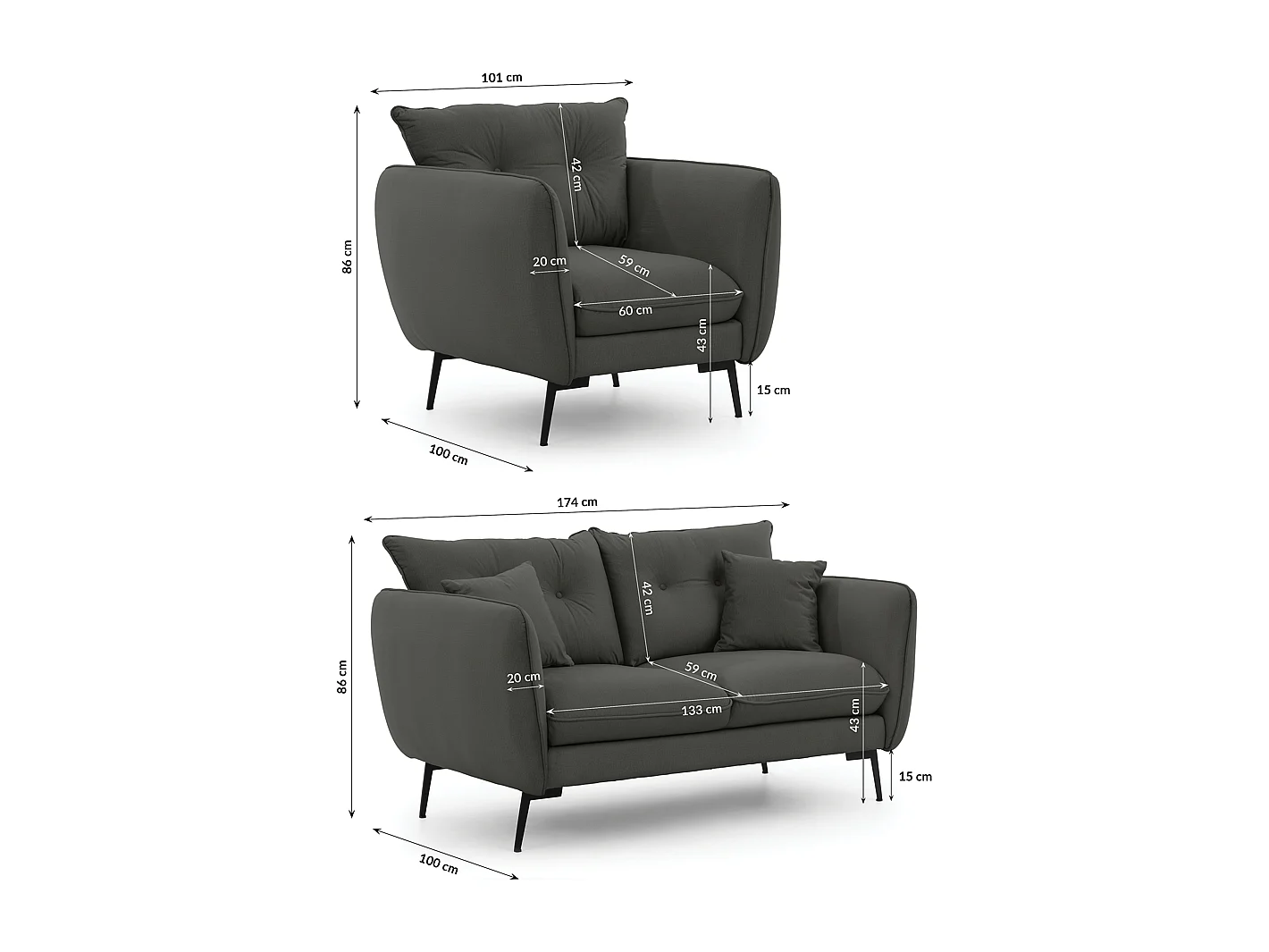 Ensemble de canapés 2+1 en tissu avec de hauts pieds en métal noir Nordloft