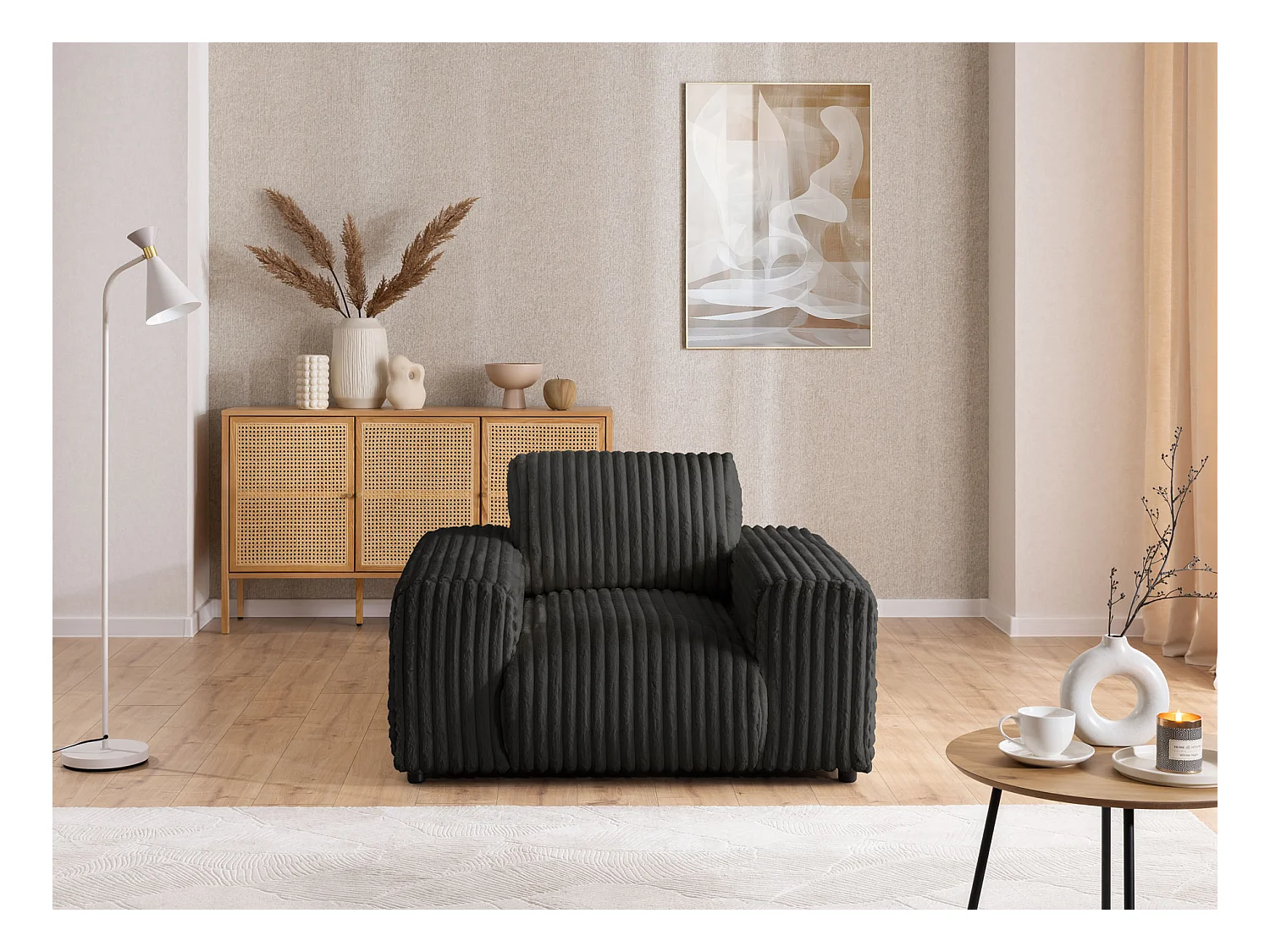 Mollis - Polstergarnitur 3+2+1 aus Dunkelgrau Plüschcord mit schöner Sitzkomfort