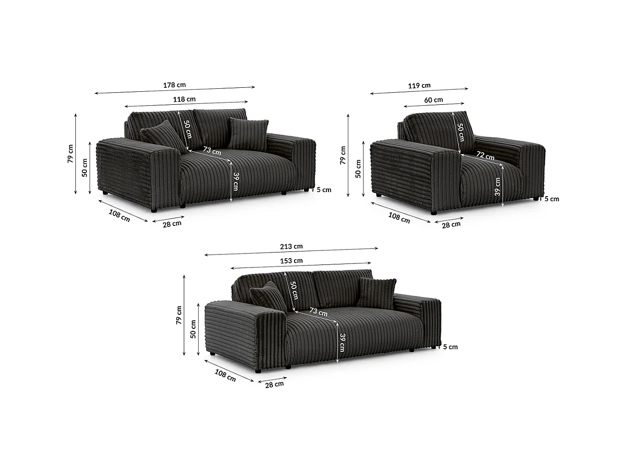 Mollis - Polstergarnitur 3+2+1 aus Dunkelgrau Plüschcord mit schöner Sitzkomfort