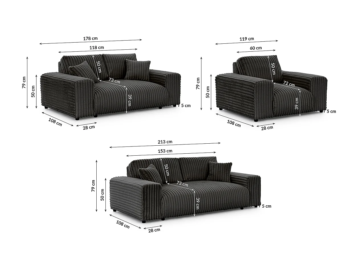 Mollis - Polstergarnitur 3+2+1 aus Dunkelgrau Plüschcord mit schöner Sitzkomfort