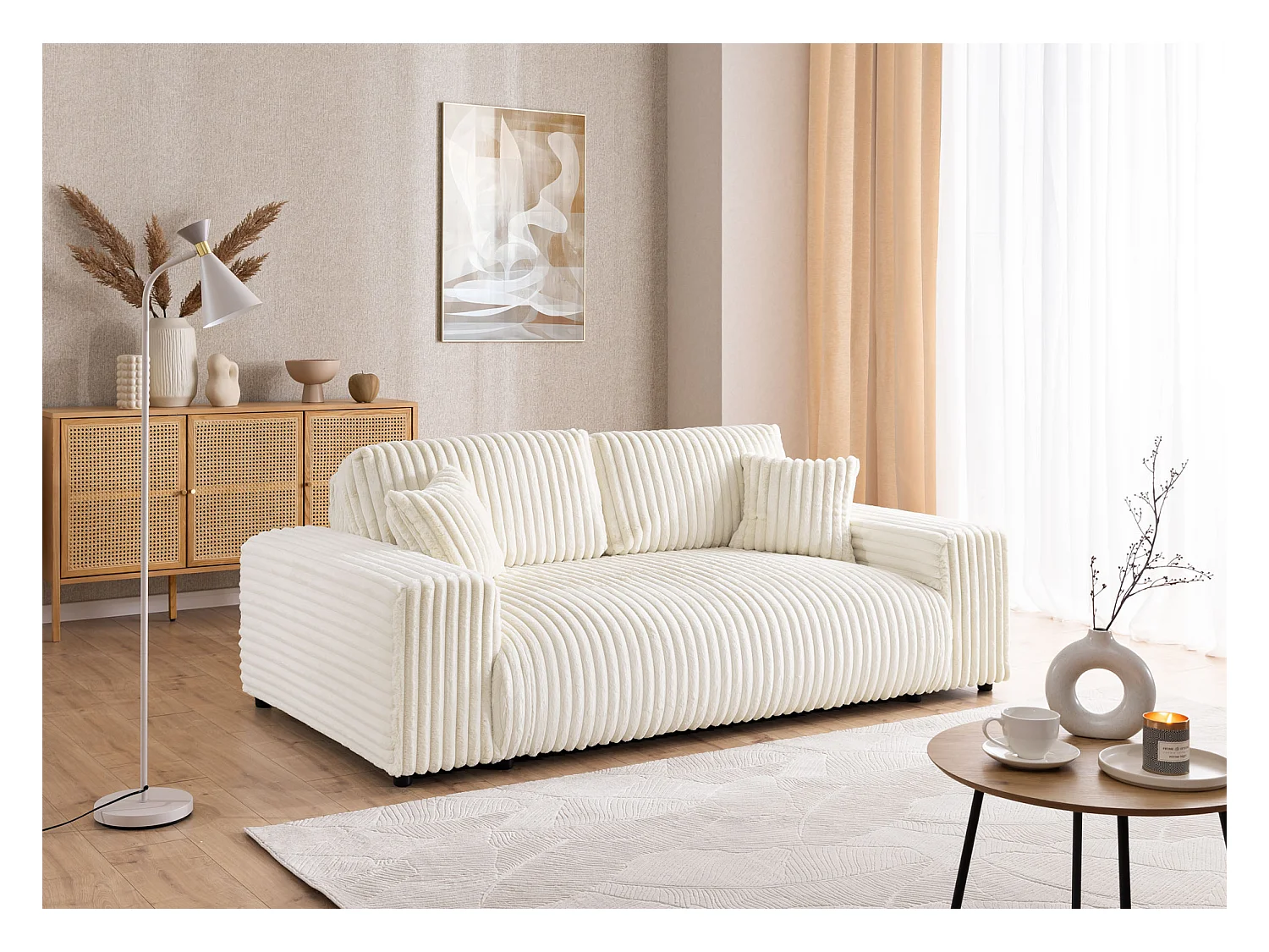 Mollis - Polstergarnitur 3+2+1 aus Hellbeige Plüschcord mit schöner Sitzkomfort