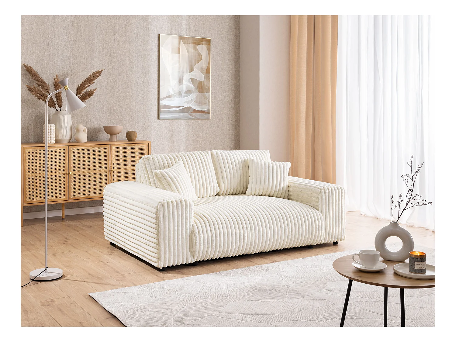 Mollis - Polstergarnitur 3+2+1 aus Hellbeige Plüschcord mit schöner Sitzkomfort