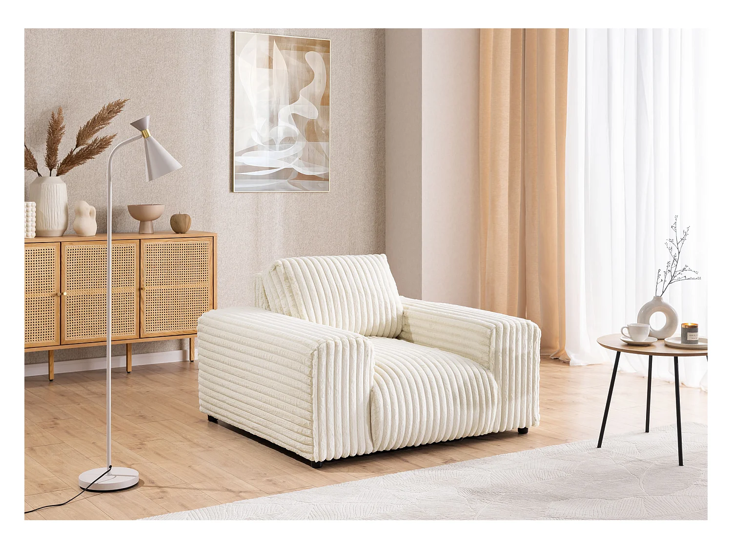 Mollis - Polstergarnitur 3+2+1 aus Hellbeige Plüschcord mit schöner Sitzkomfort