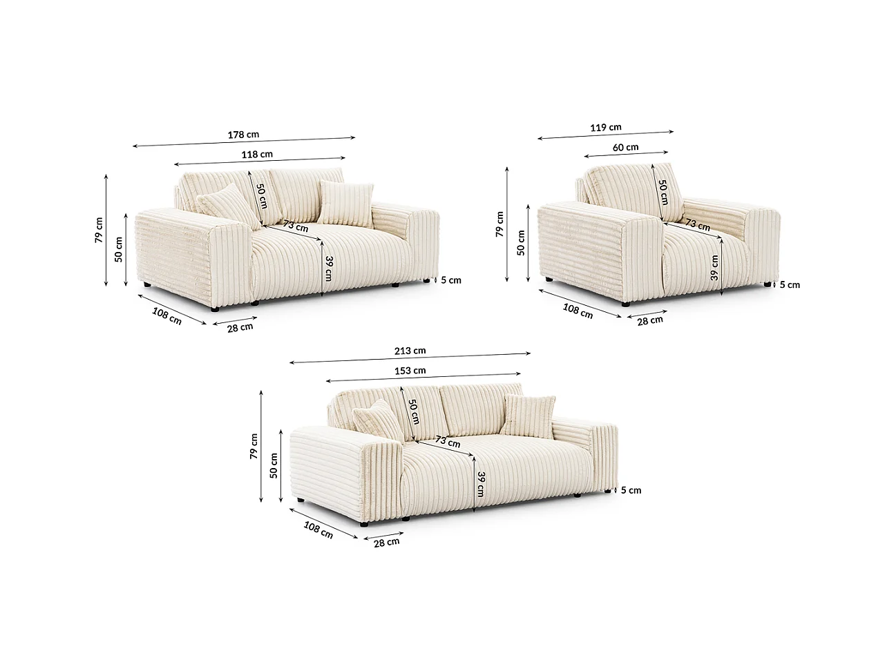 Mollis - Polstergarnitur 3+2+1 aus Hellbeige Plüschcord mit schöner Sitzkomfort