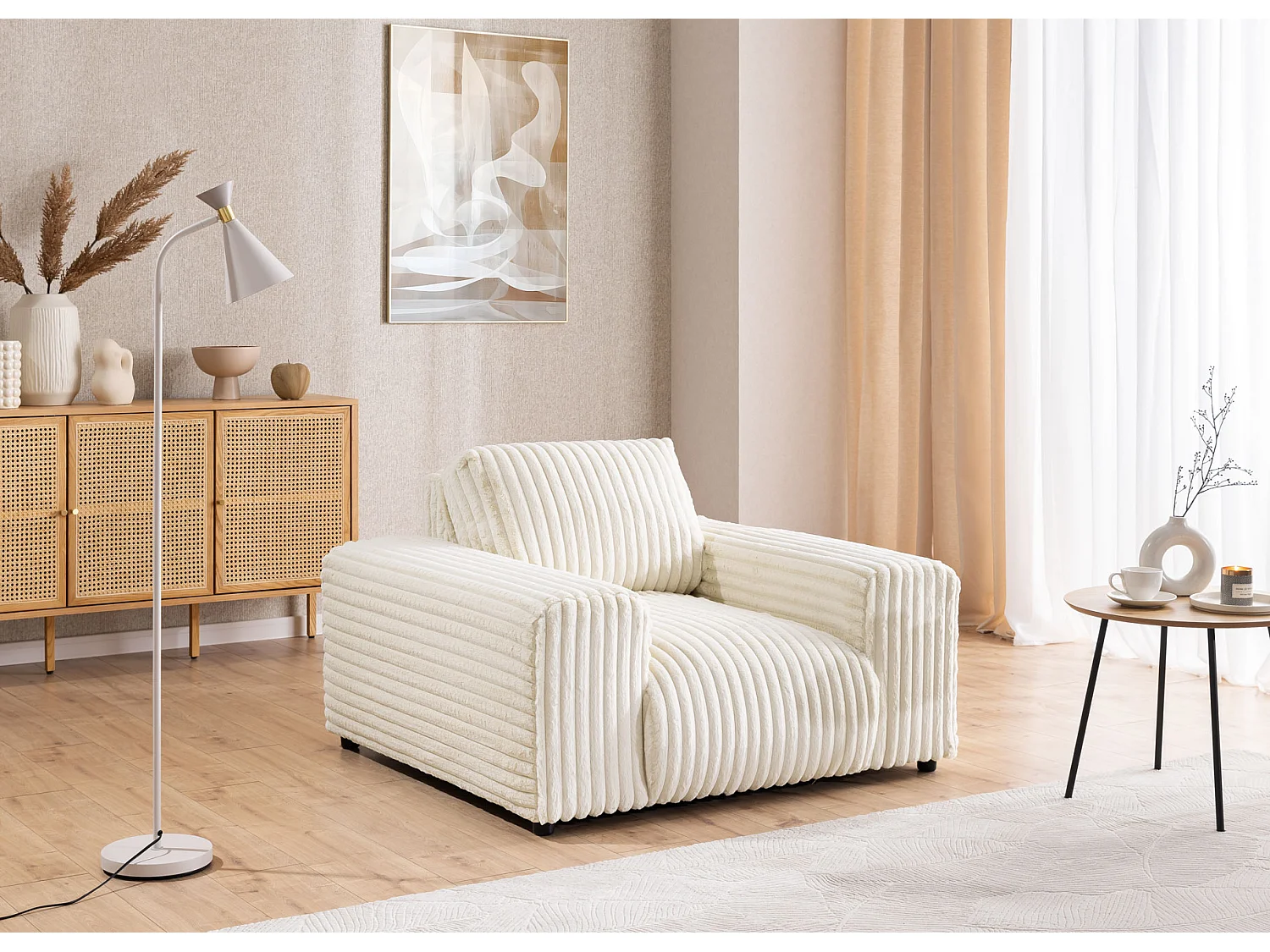 Mollis - Polstergarnitur 3+2+1 aus Hellbeige Plüschcord mit schöner Sitzkomfort