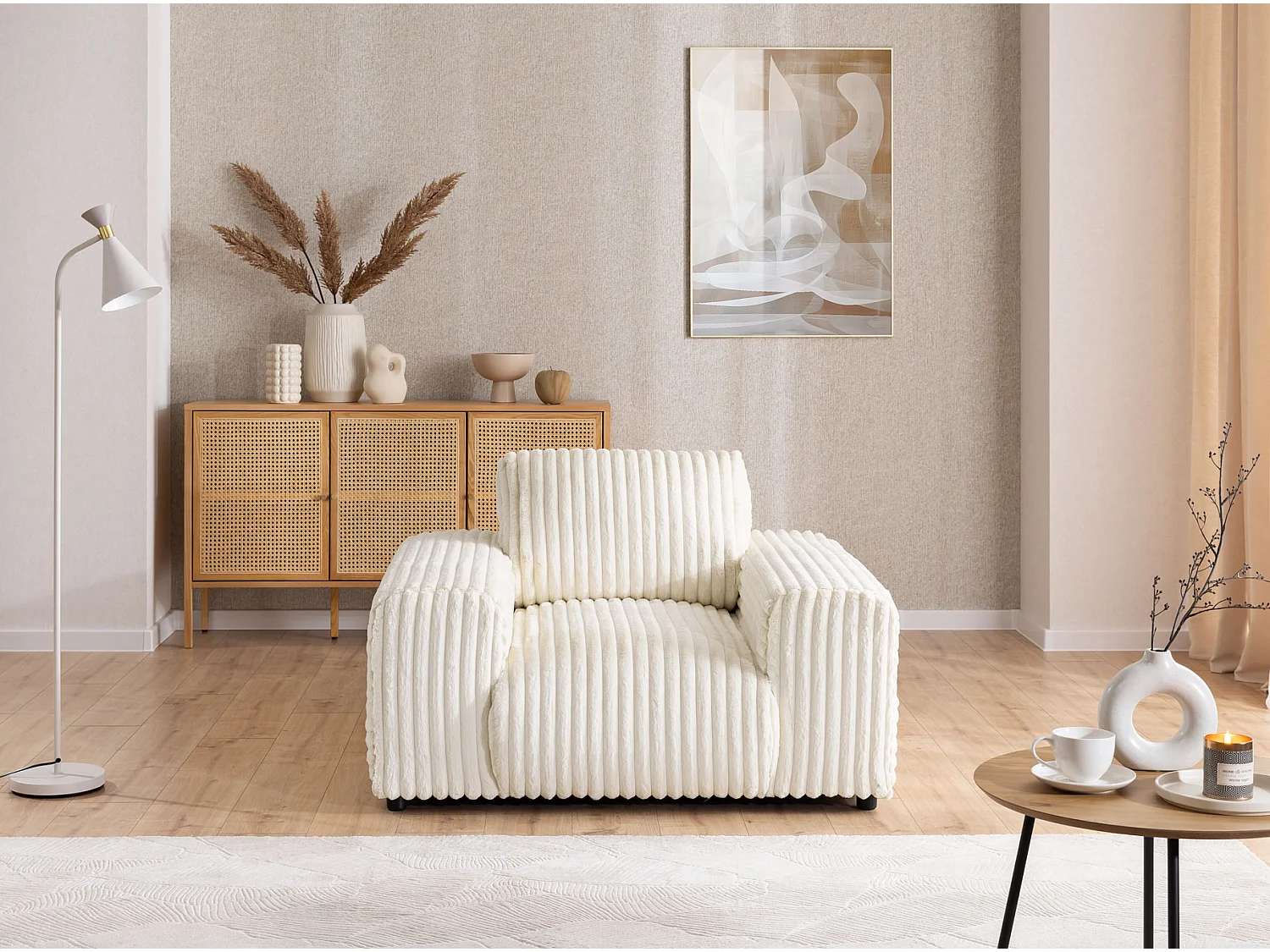 Mollis - Polstergarnitur 3+2+1 aus Hellbeige Plüschcord mit schöner Sitzkomfort