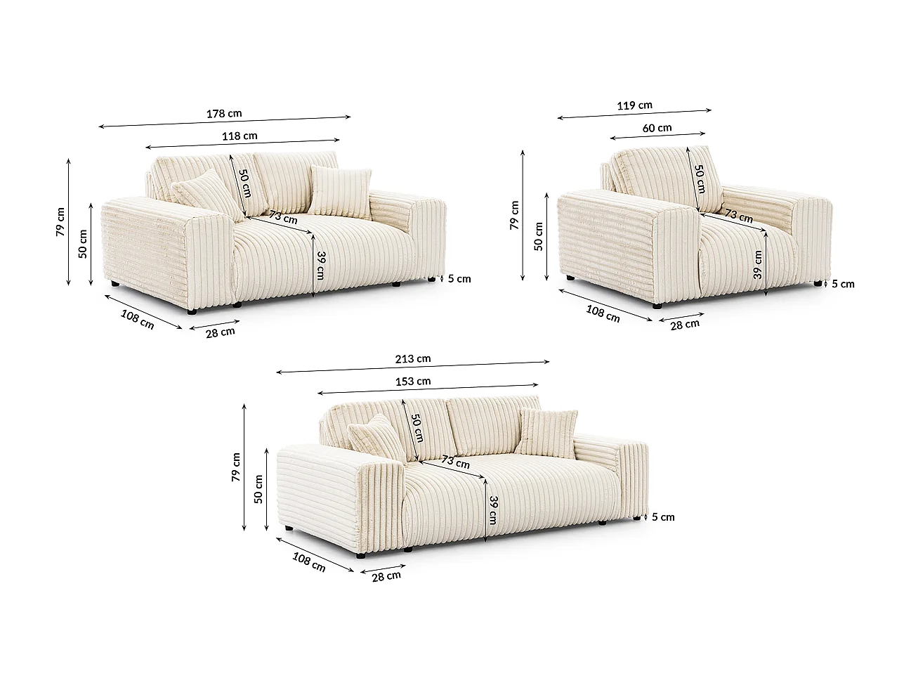Mollis - Polstergarnitur 3+2+1 aus Hellbeige Plüschcord mit schöner Sitzkomfort