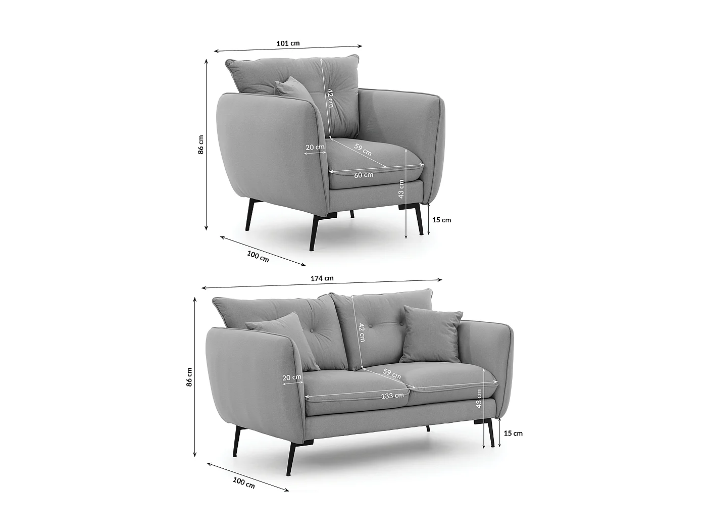 Ensemble de canapés 2+1 en tissu avec de hauts pieds en métal noir Nordloft