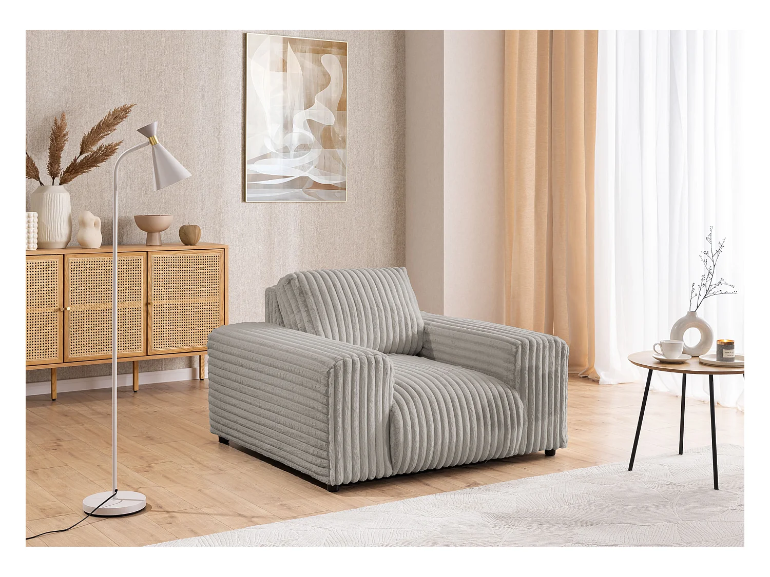 Mollis - Polstergarnitur 3+2+1 aus Hellgrau Plüschcord mit schöner Sitzkomfort