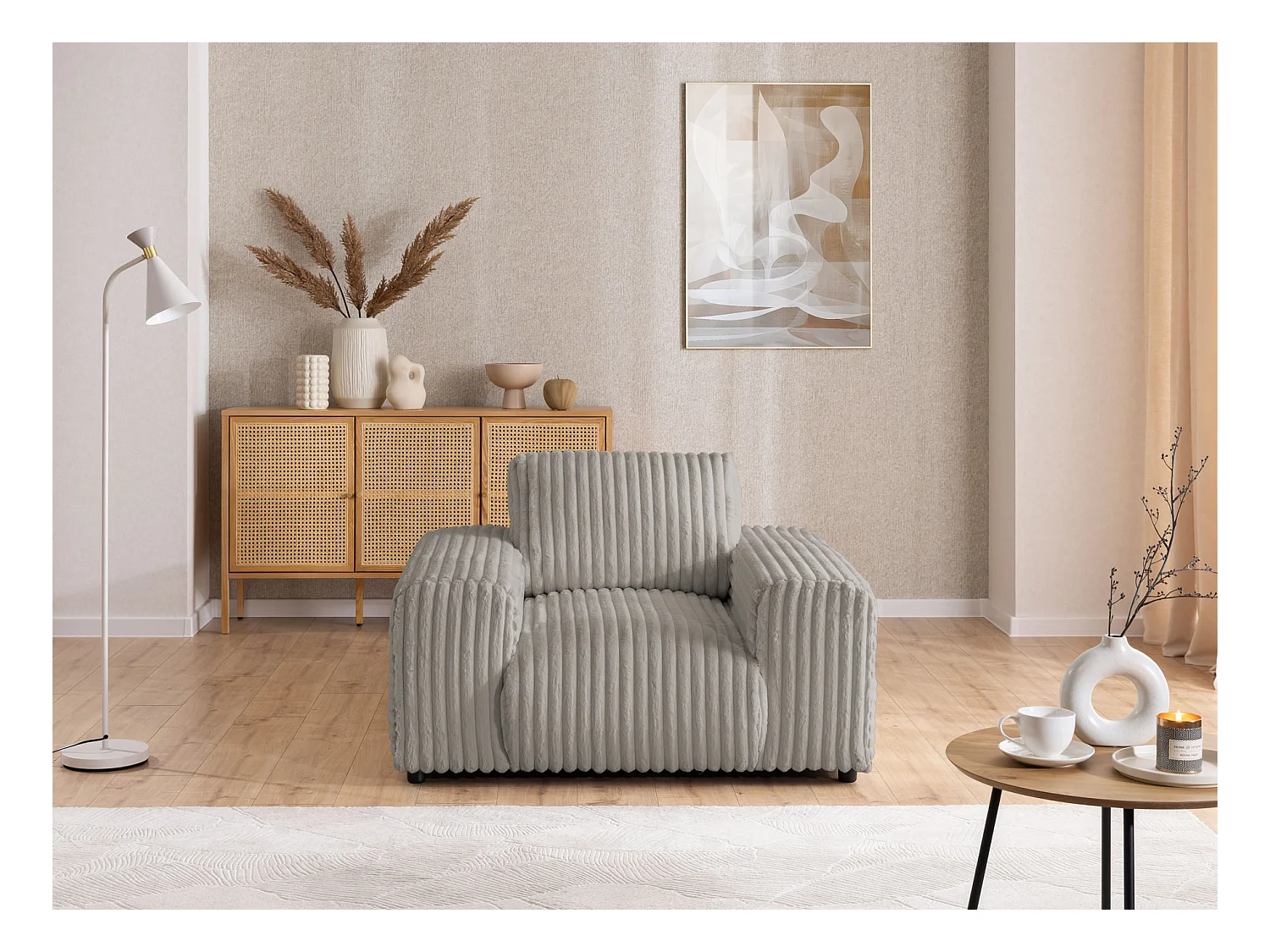 Mollis - Polstergarnitur 3+2+1 aus Hellgrau Plüschcord mit schöner Sitzkomfort