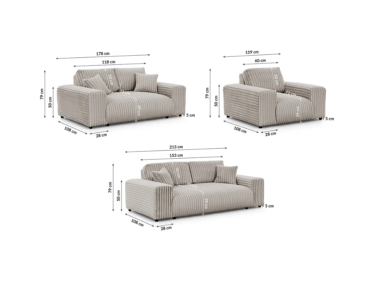 Mollis - Polstergarnitur 3+2+1 aus Hellgrau Plüschcord mit schöner Sitzkomfort
