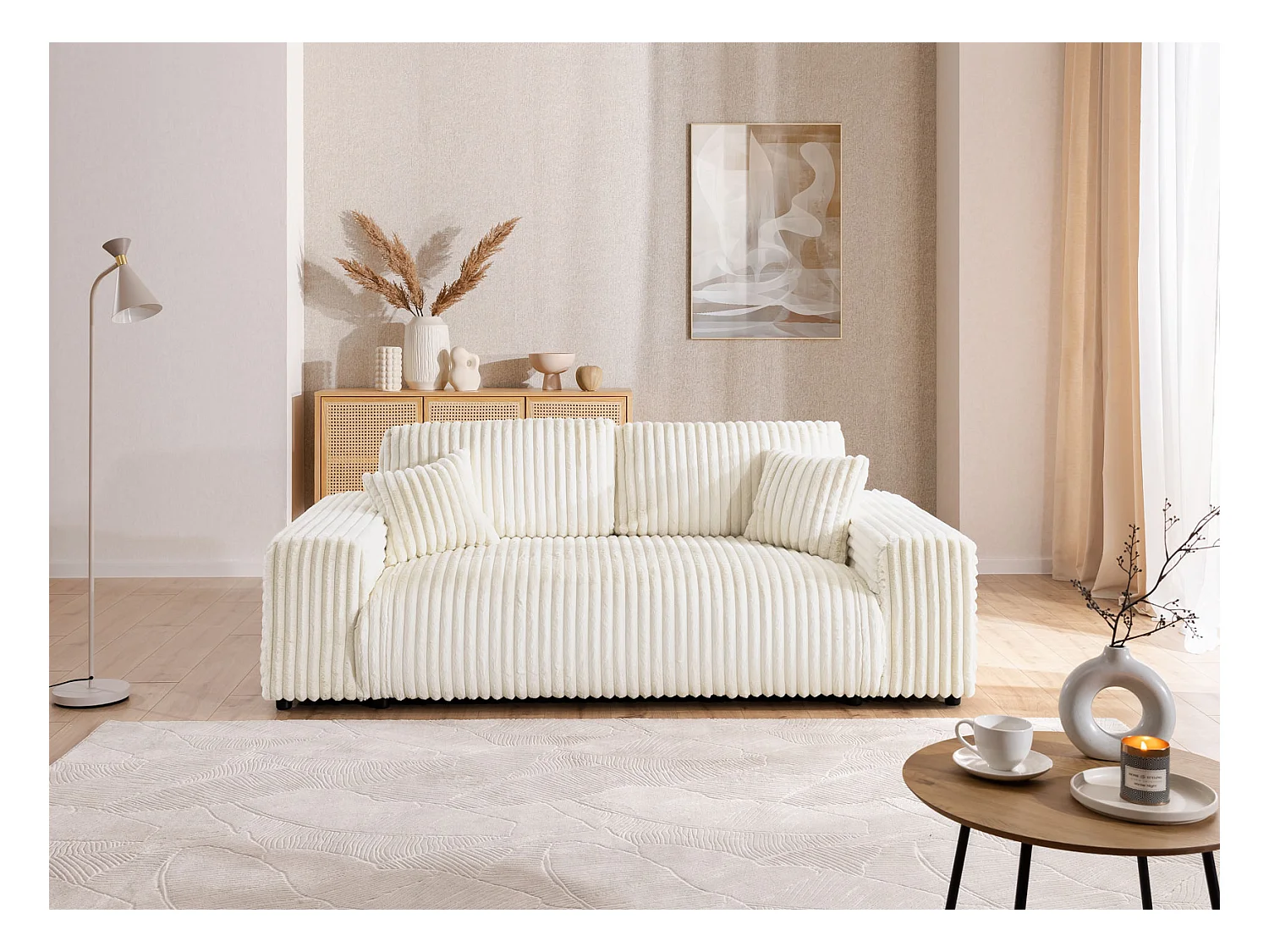 Mollis - Polstergarnitur 3+1 aus Hellbeige Plüschcord mit schöner Sitzkomfort