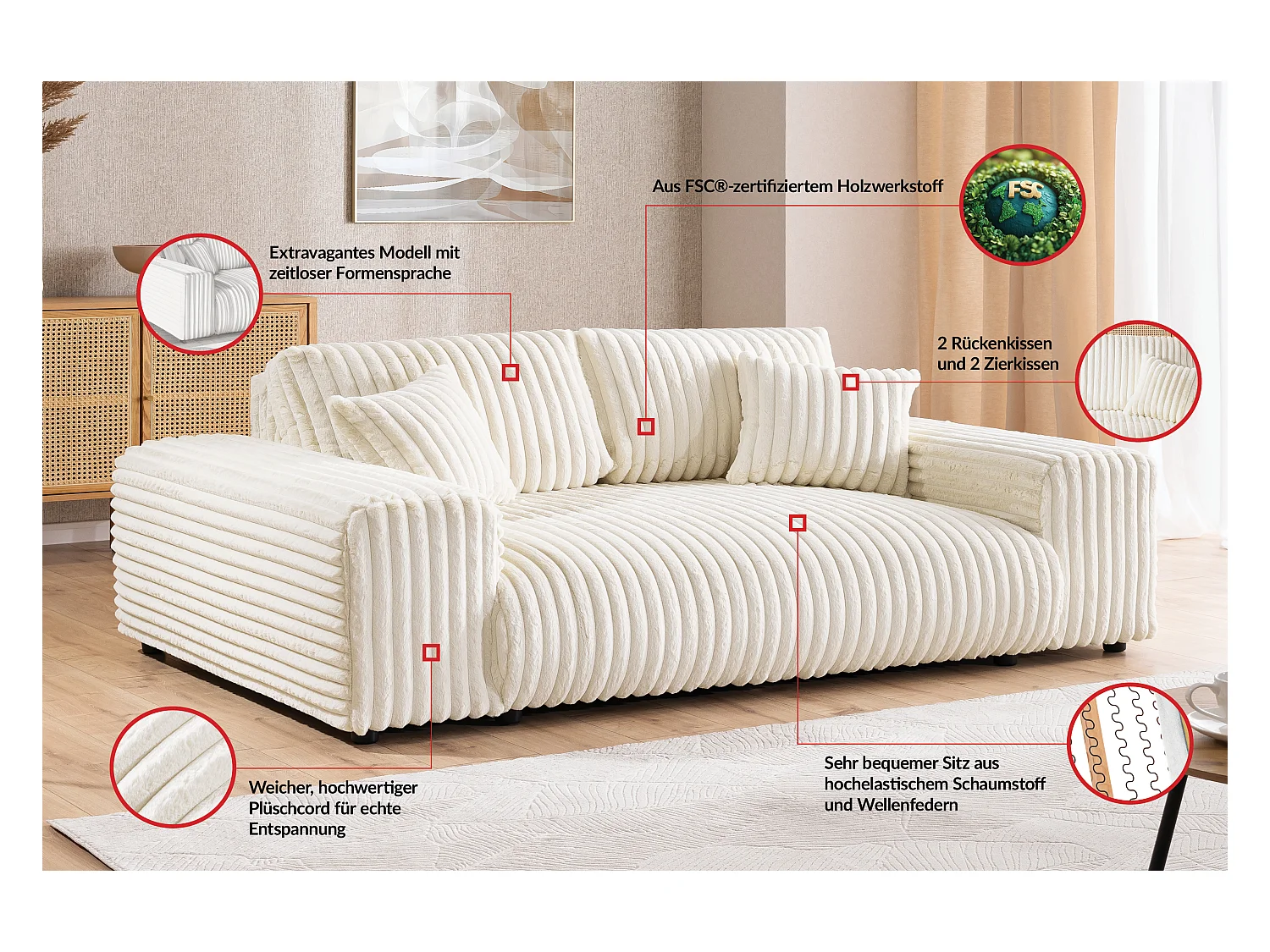 Mollis - Polstergarnitur 3+1 aus Hellbeige Plüschcord mit schöner Sitzkomfort